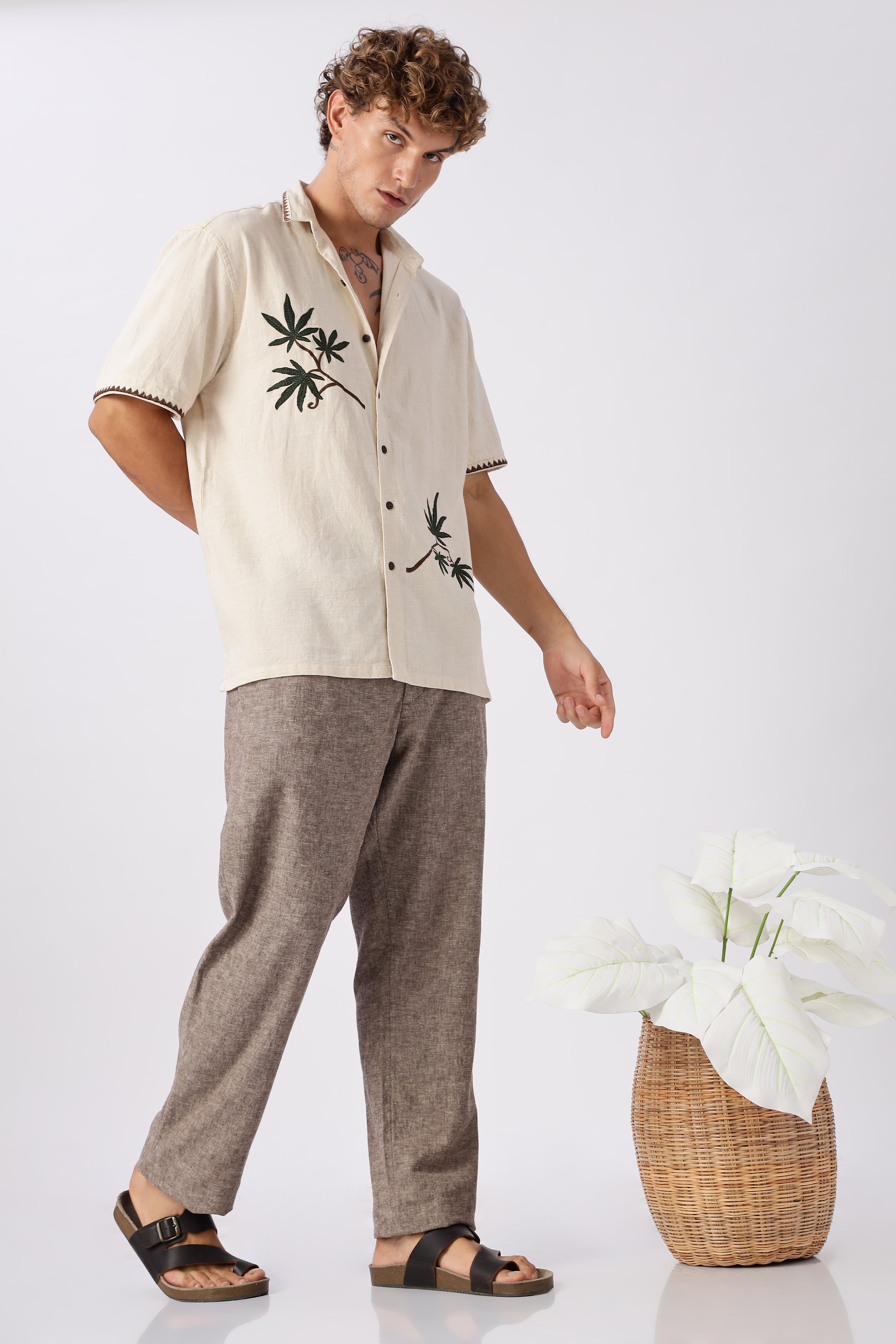 Cannabis Sativa Beige Embroidered Cuban Shirt