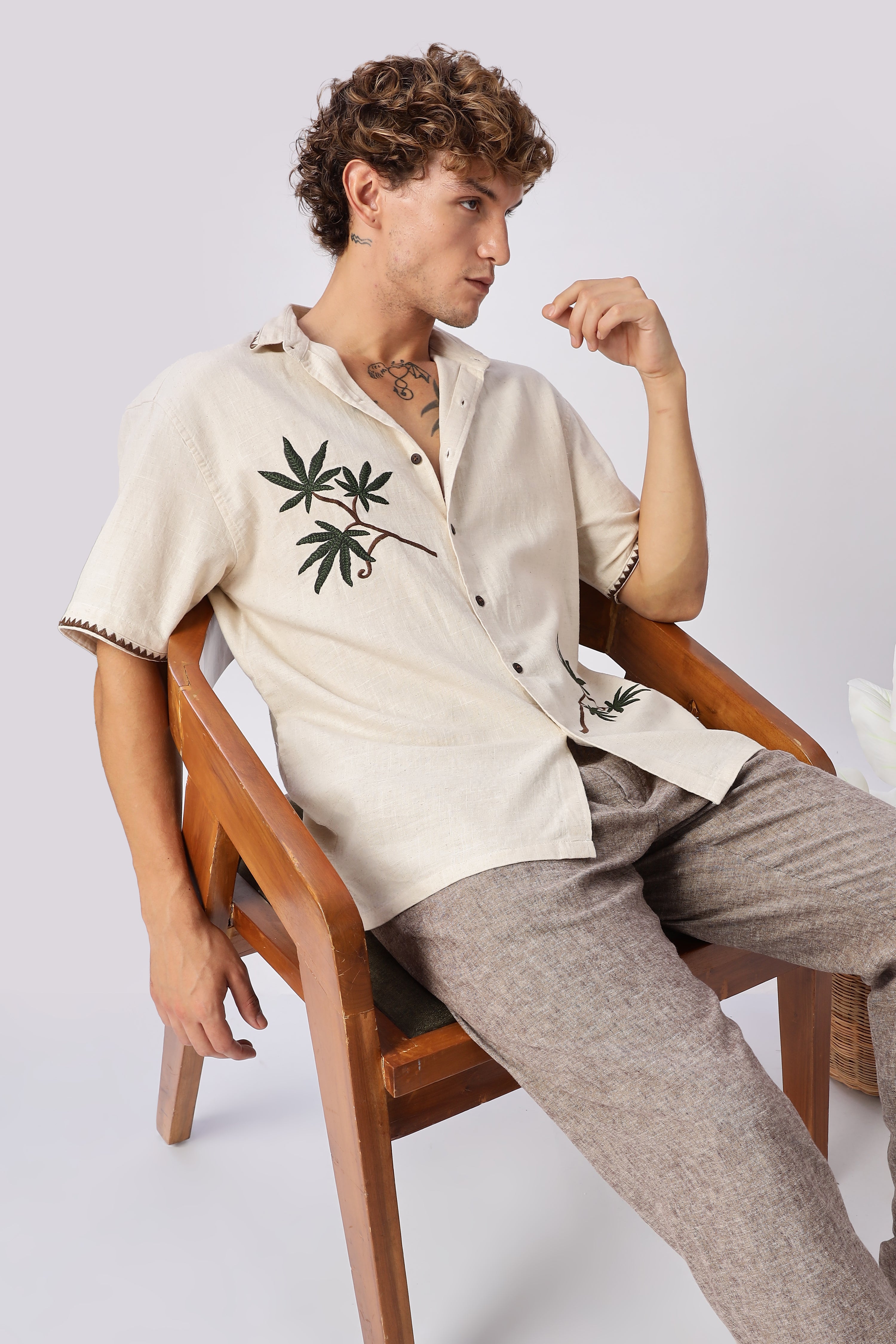 Cannabis Sativa Beige Embroidered Cuban Shirt