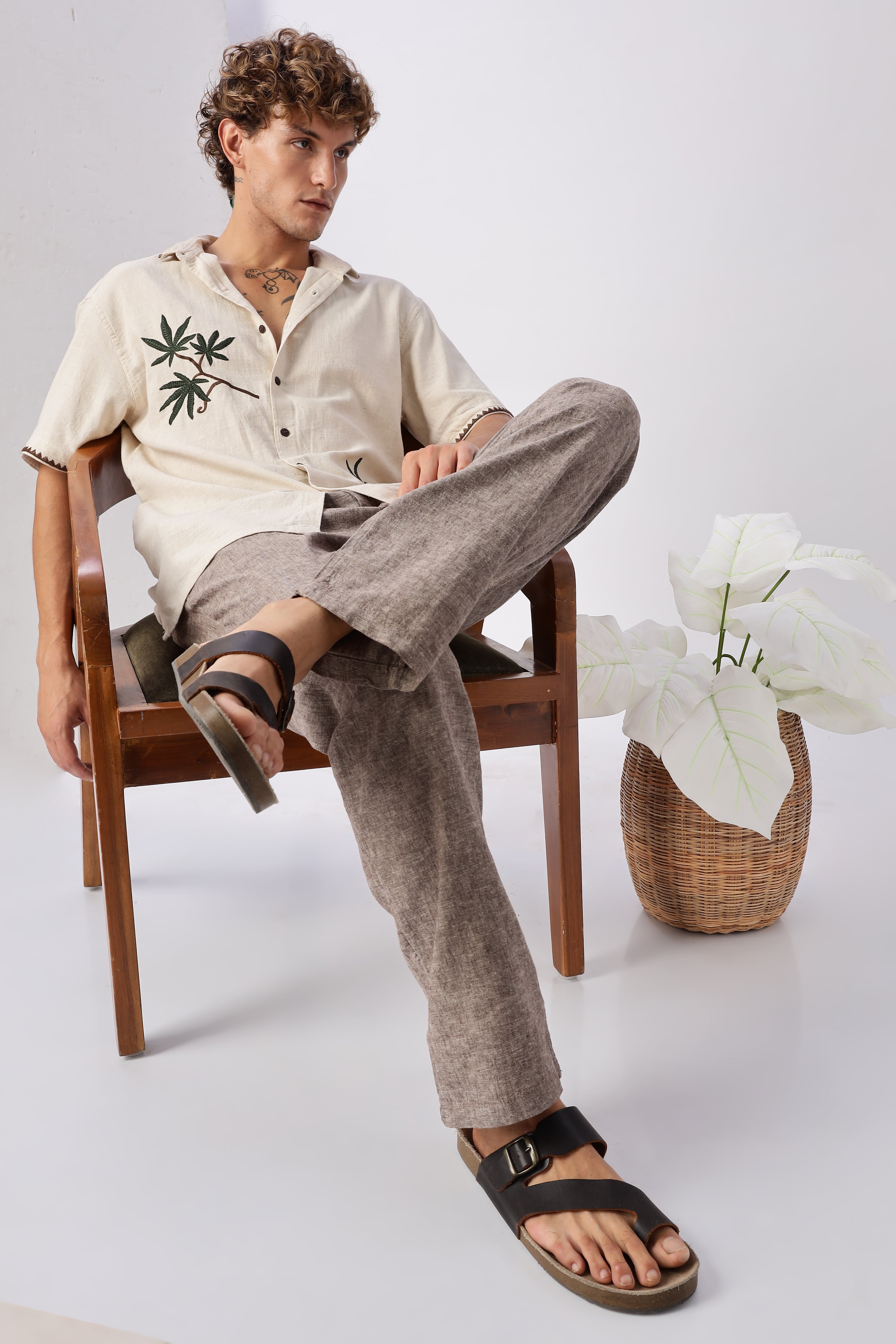 Cannabis Sativa Beige Embroidered Cuban Shirt