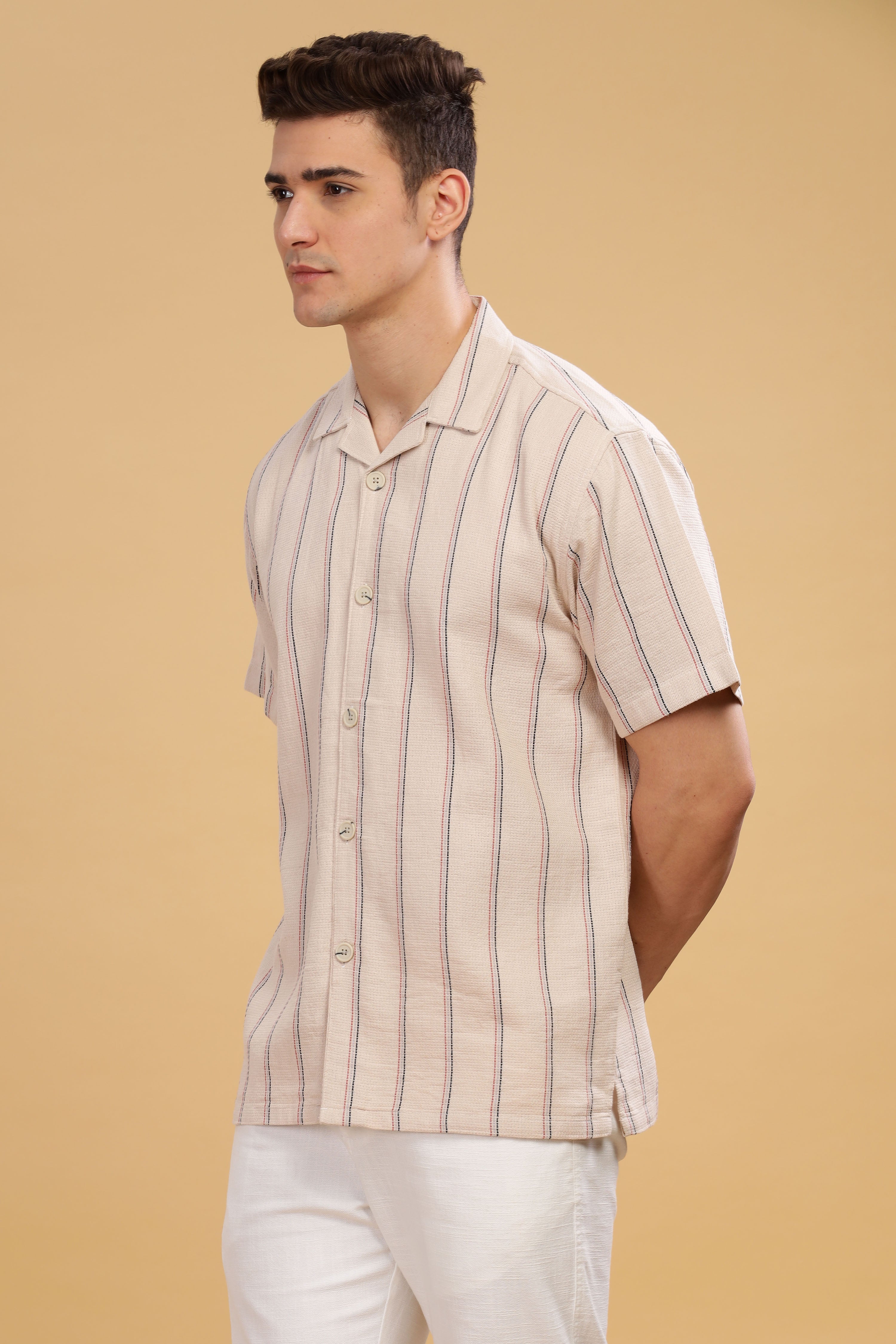 Milan Cream Rice Knit Stripes Camp Collar Shirt