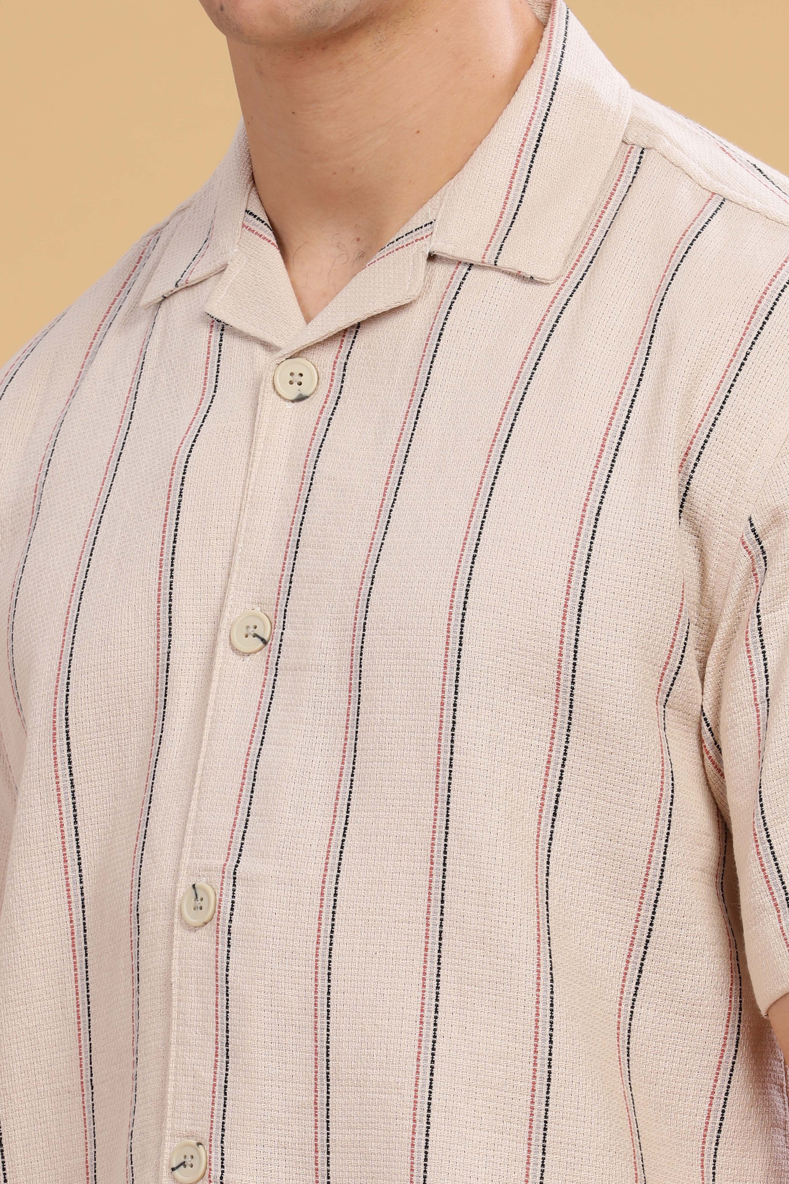 Milan Cream Rice Knit Stripes Camp Collar Shirt