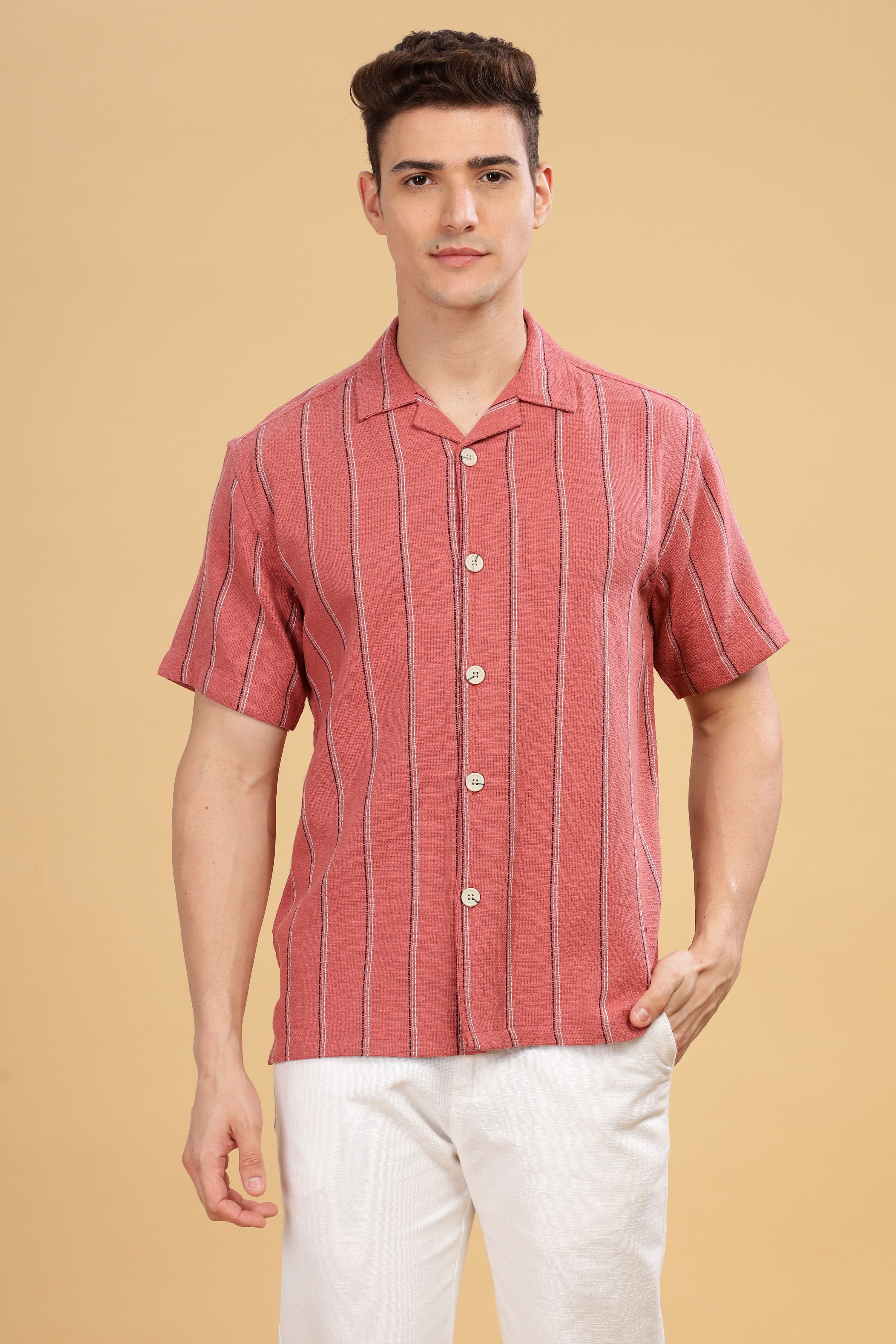 Rice knit Stripes Camp Collar Shirt