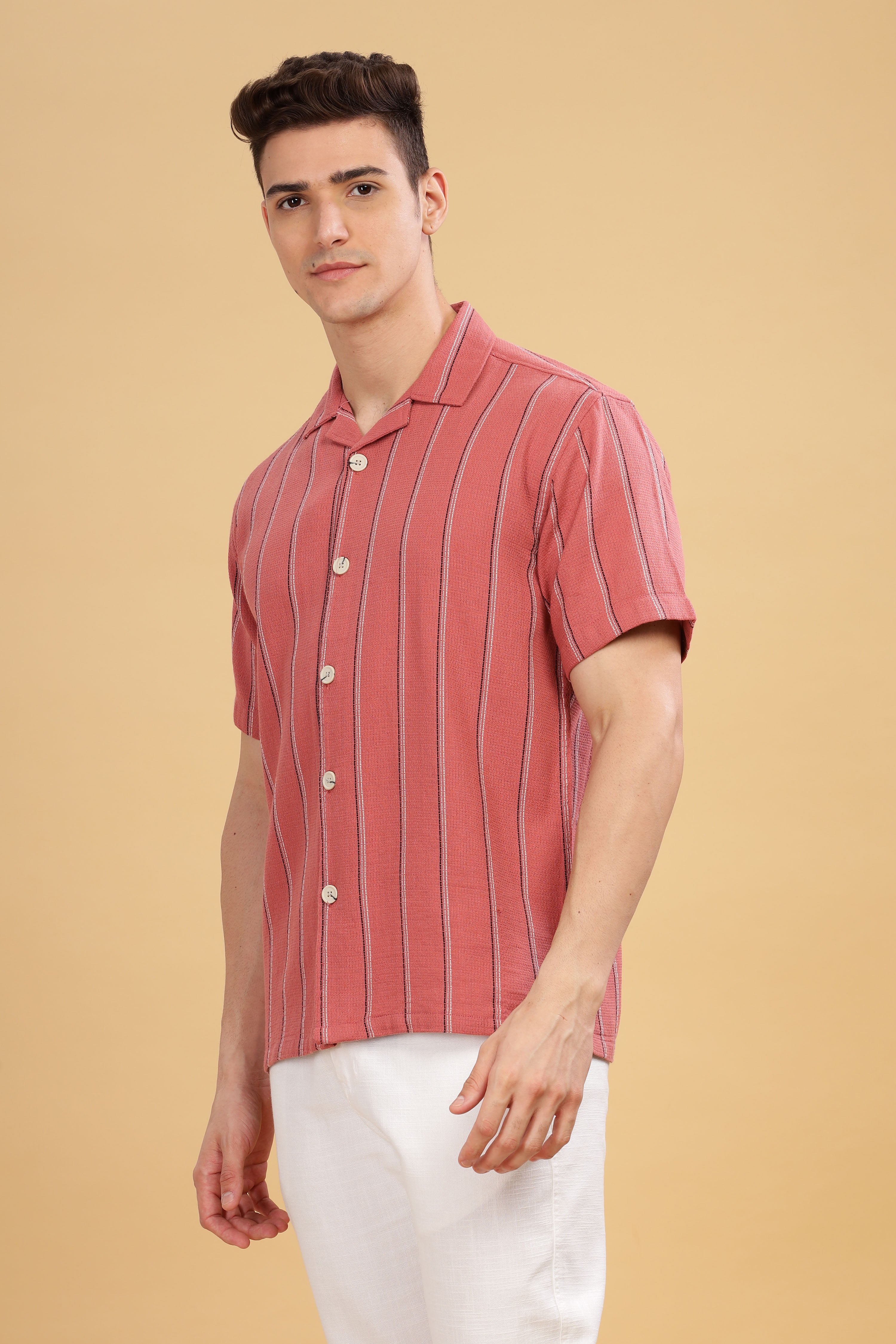 Rice knit Stripes Camp Collar Shirt