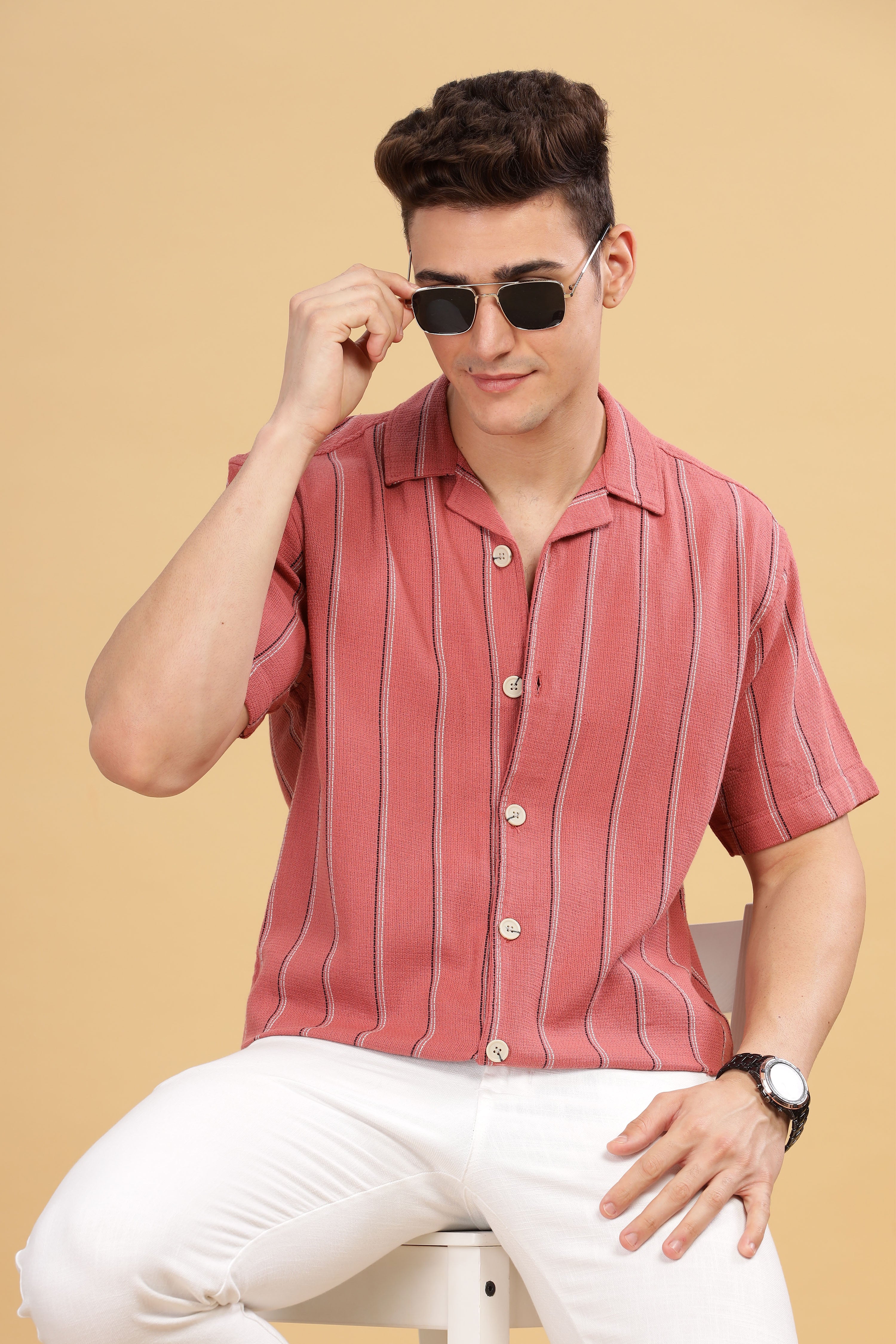 Rice knit Stripes Camp Collar Shirt