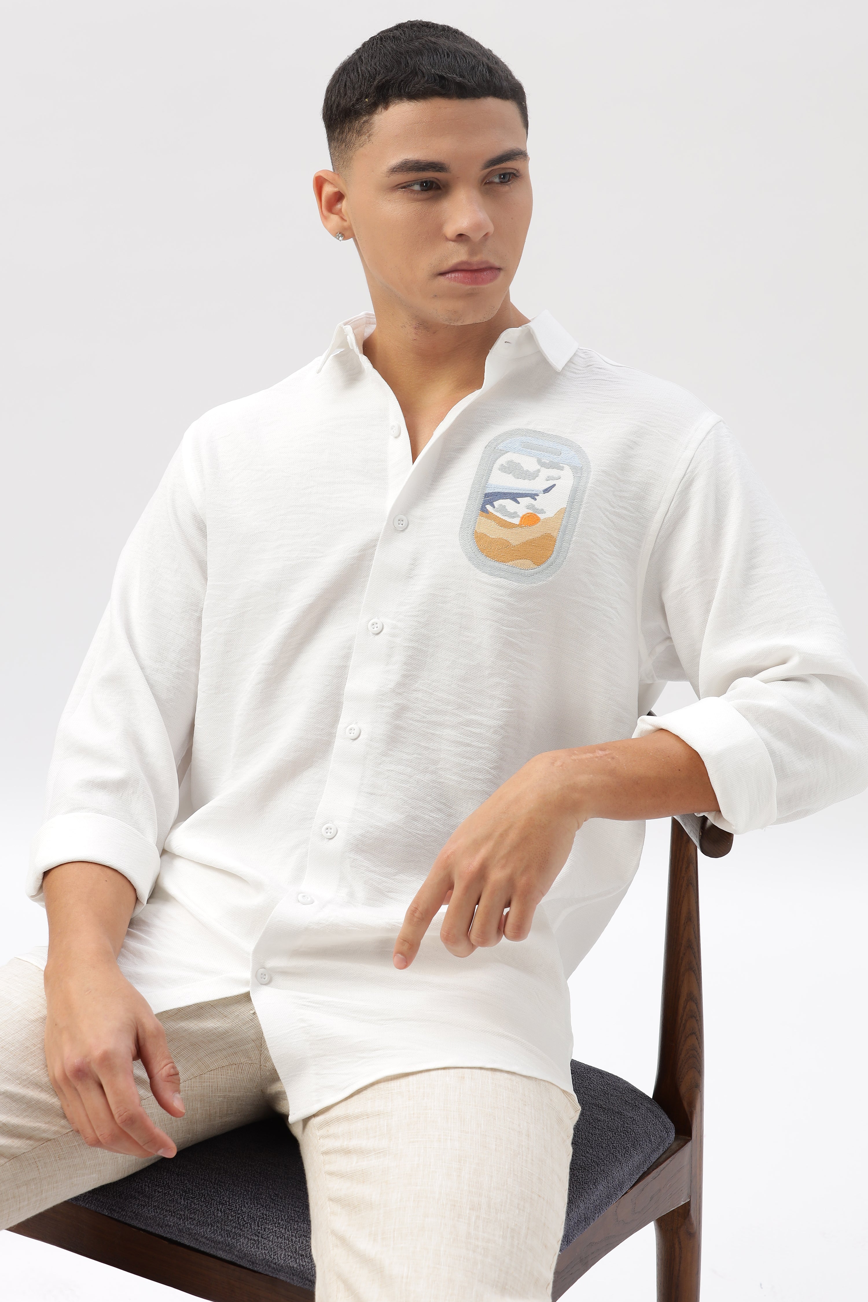 Arctic White Wanderlust Embroidered Shirt