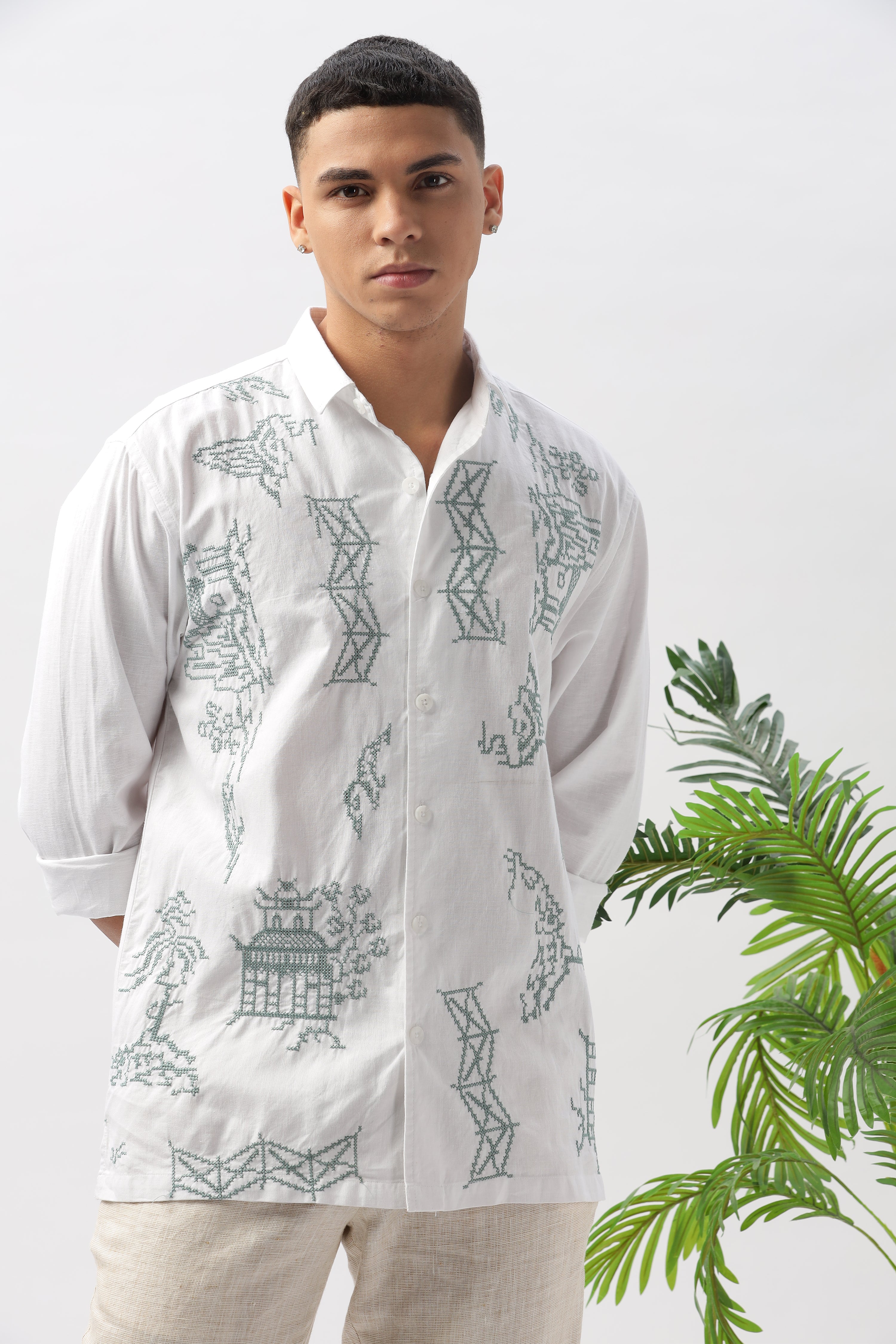 Positano Landscape All Over Embroidery White Shirt