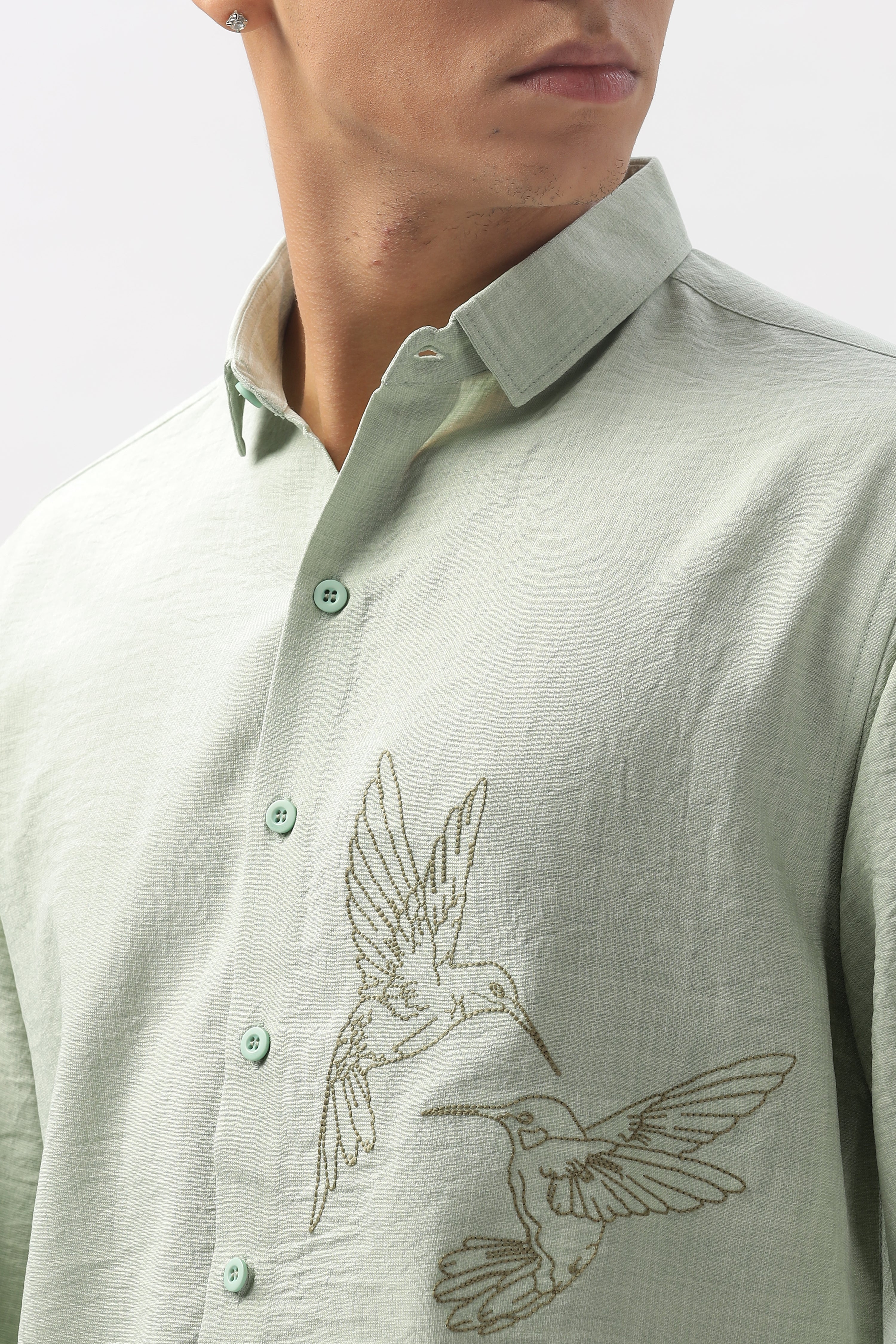 Humming(way) Birds Vienna Green Embroidery Shirt