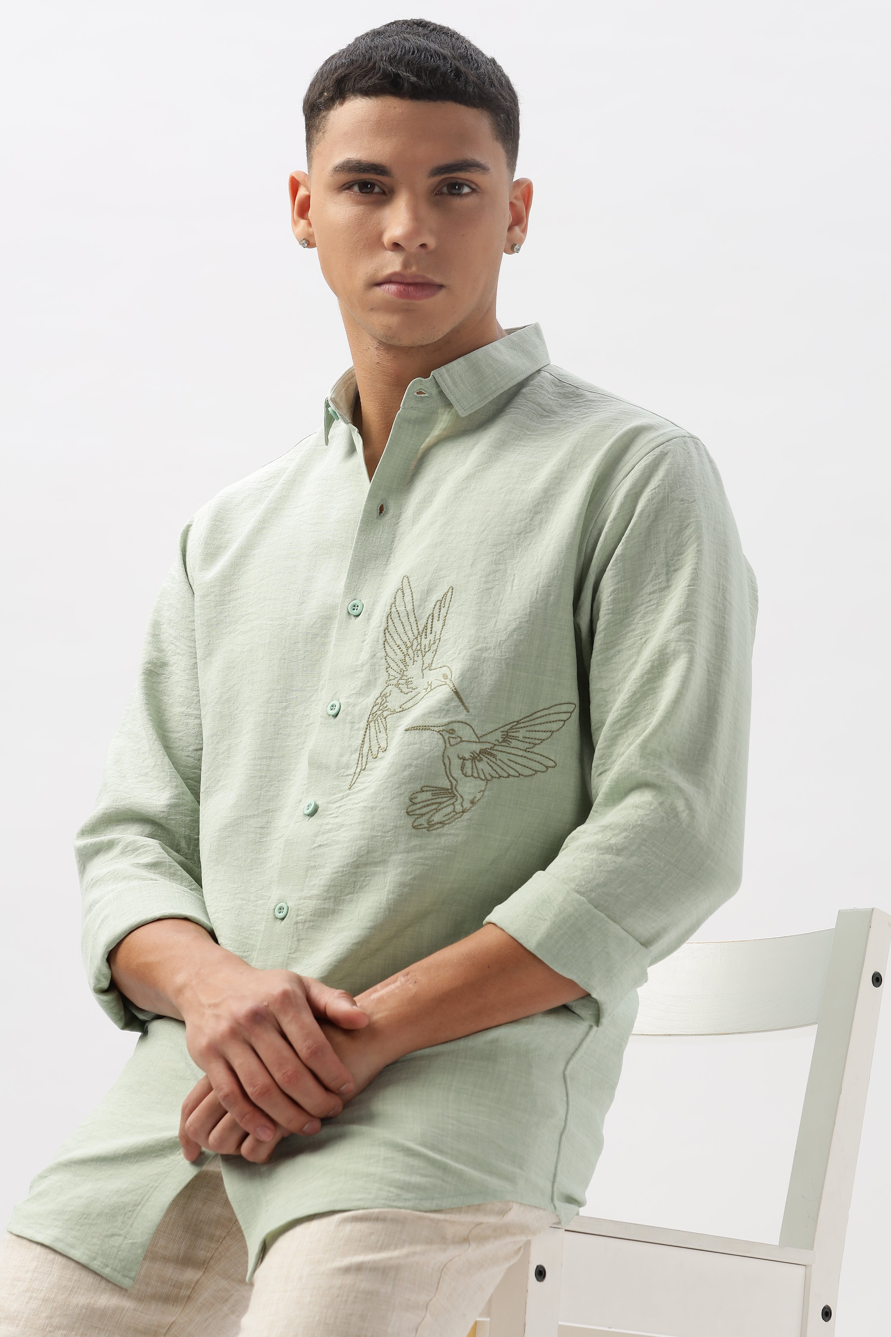 Humming(way) Birds Vienna Green Embroidery Shirt