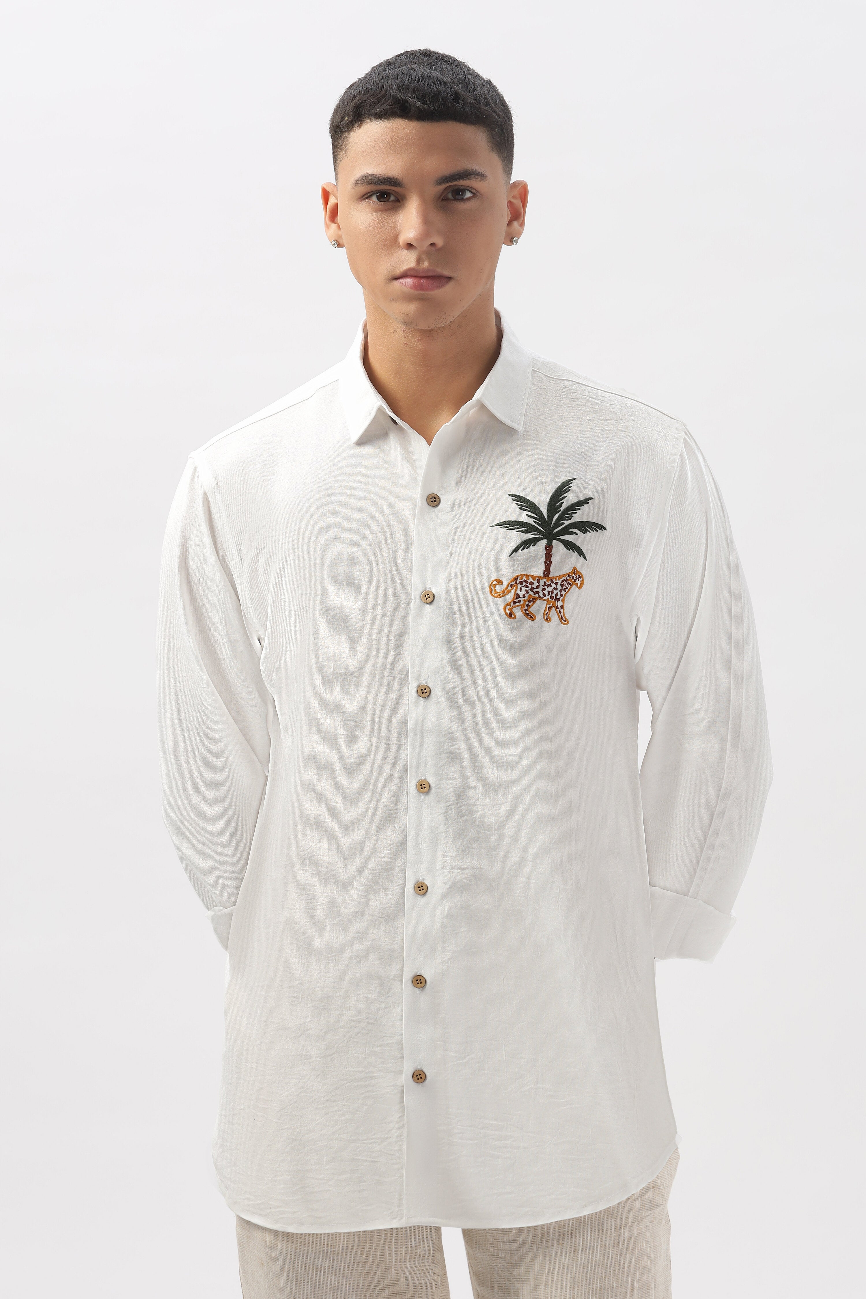 Mountains Vs Beaches 100% Cotton Embroidery Shirt