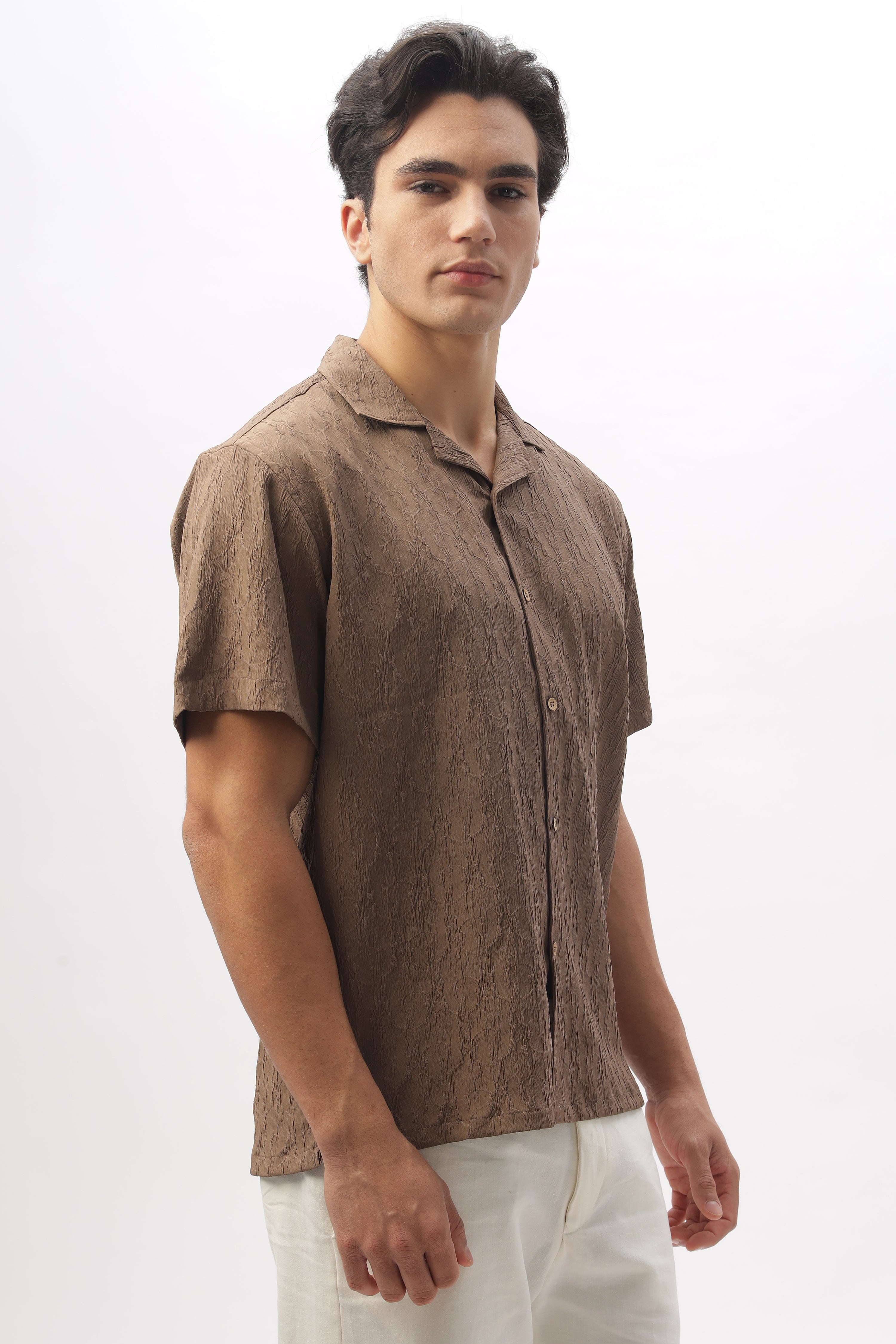 Masai Mara Brown Textured Cuban Collar Shirt