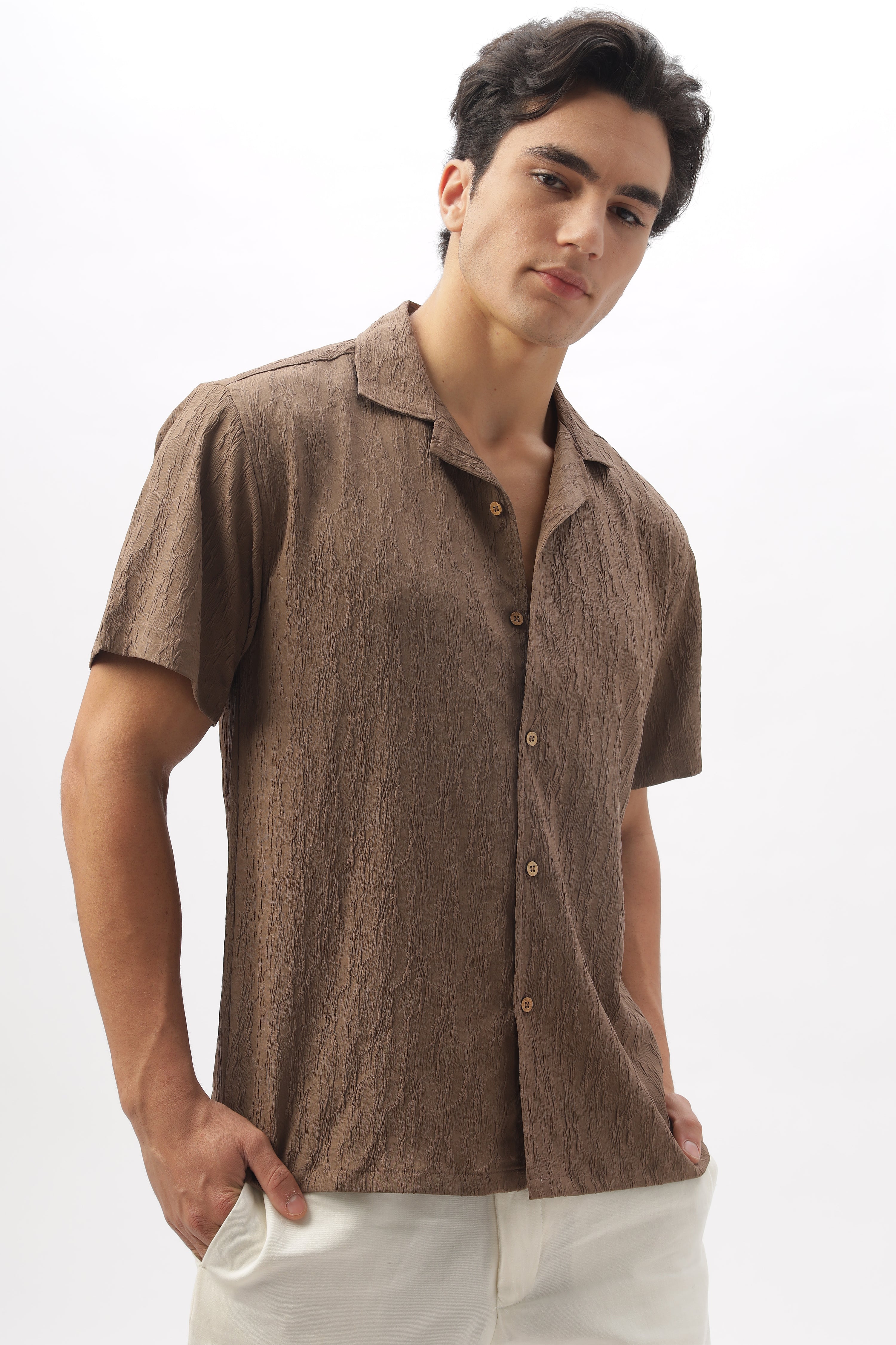 Masai Mara Brown Textured Cuban Collar Shirt