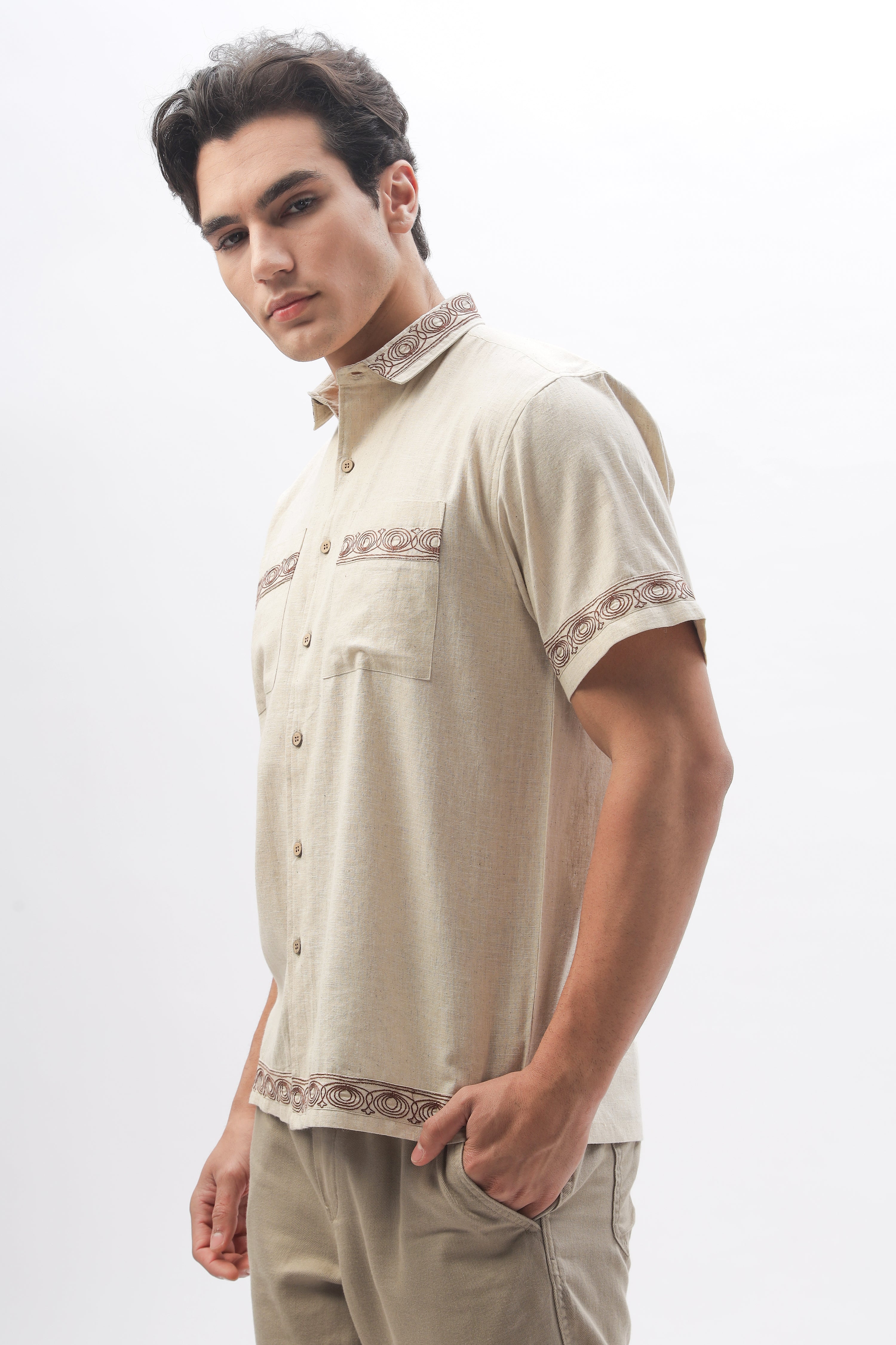 Bambaiya Beige Embroidery Double Pocket Shirt