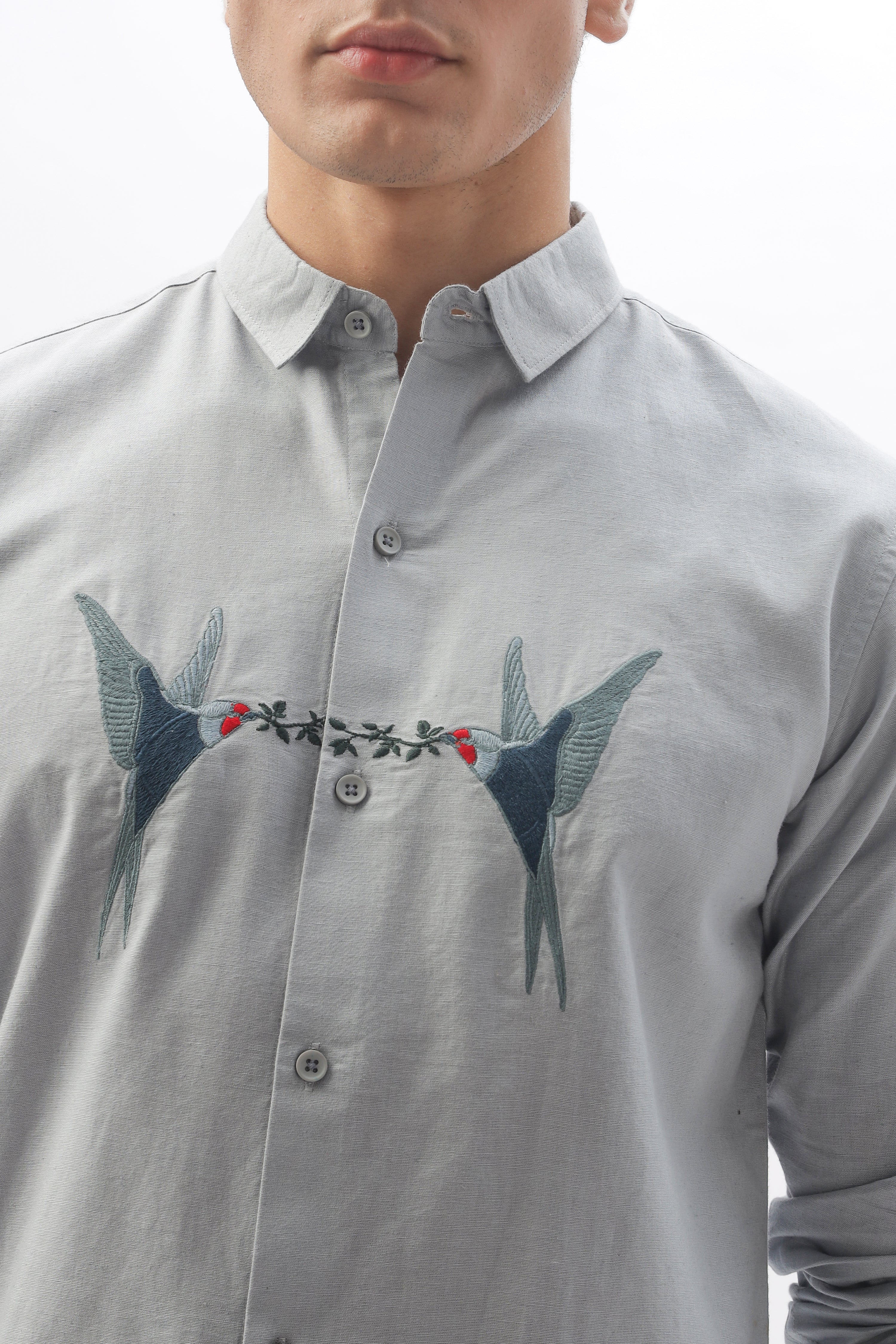 Venice Grey Birds of Heaven Embroidery Linen Shirt