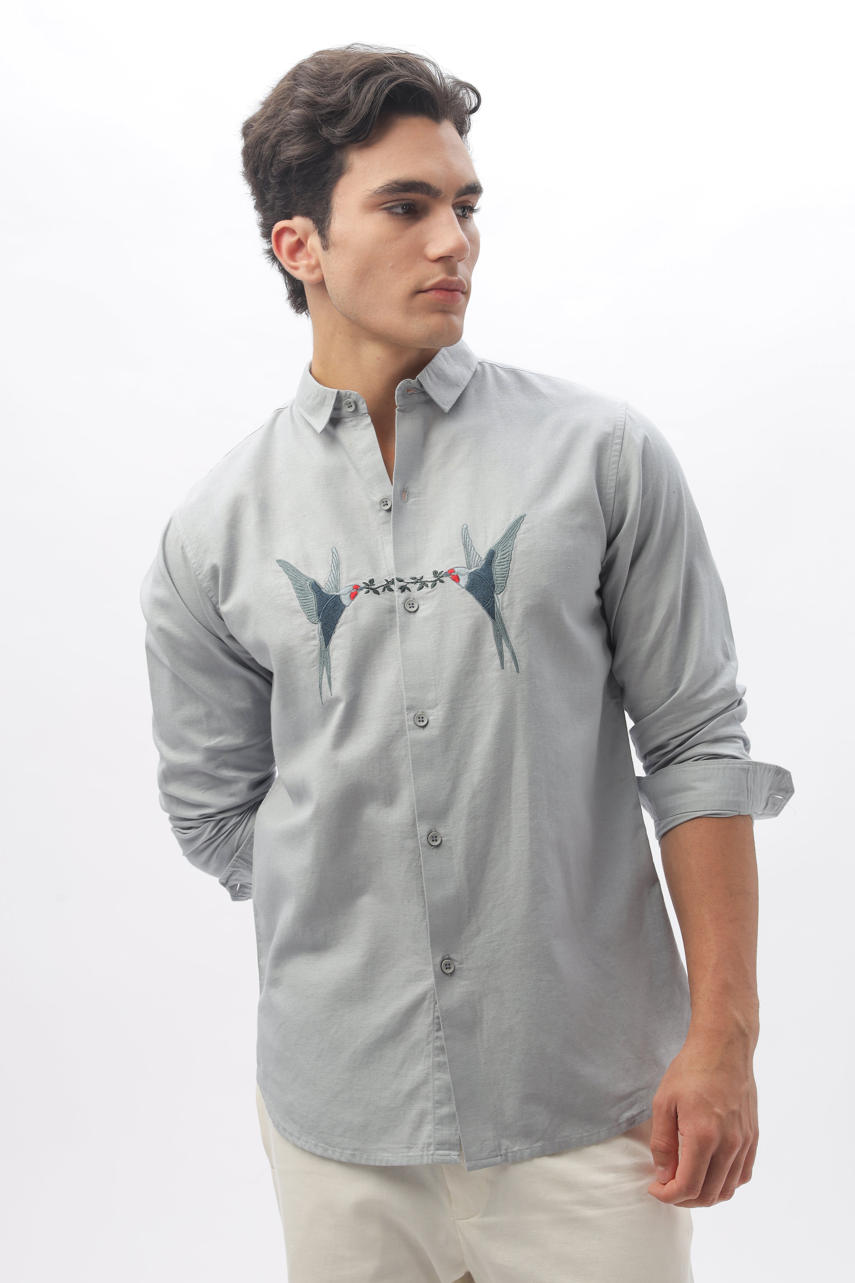 Venice Grey Birds of Heaven Embroidery Linen Shirt