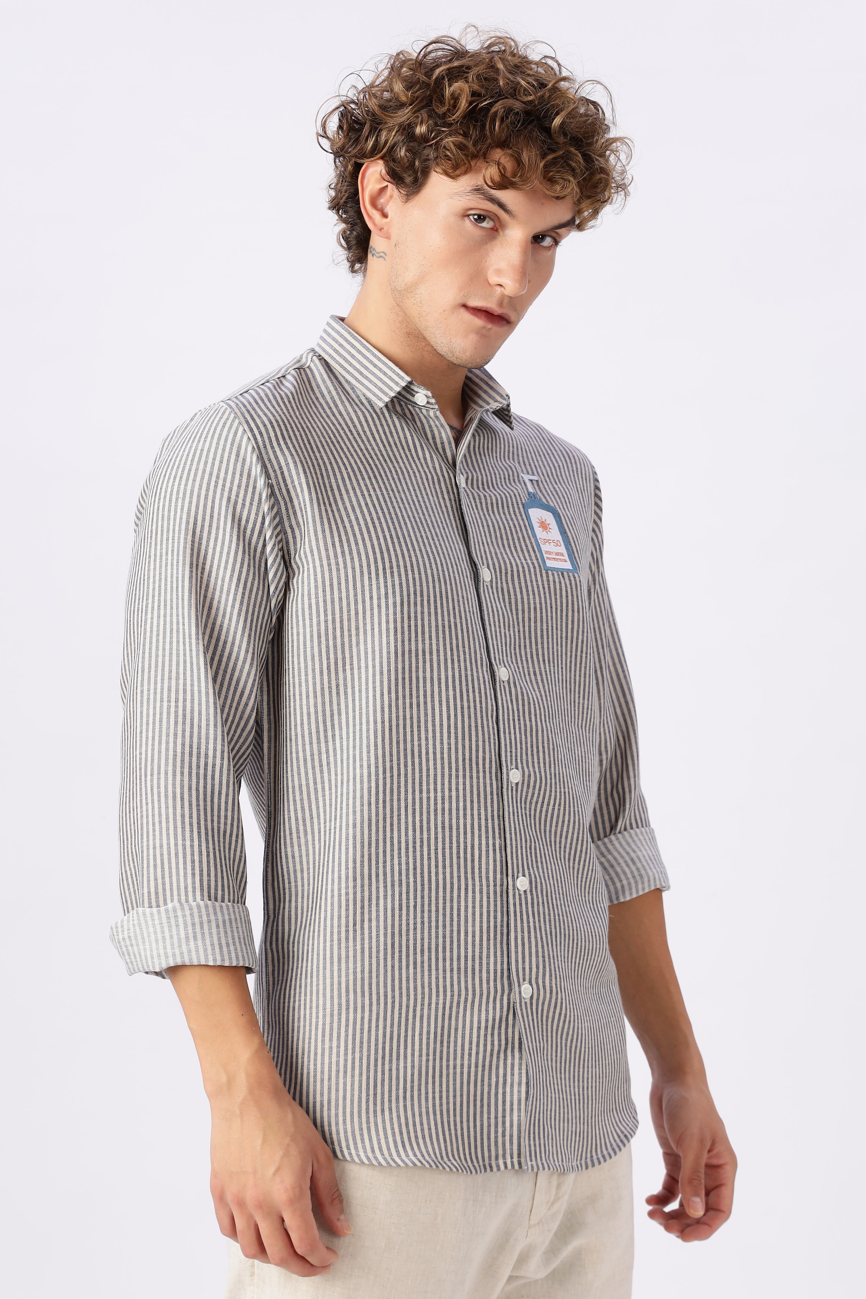 Certified Sunblocker Embroidery Striped Shirt