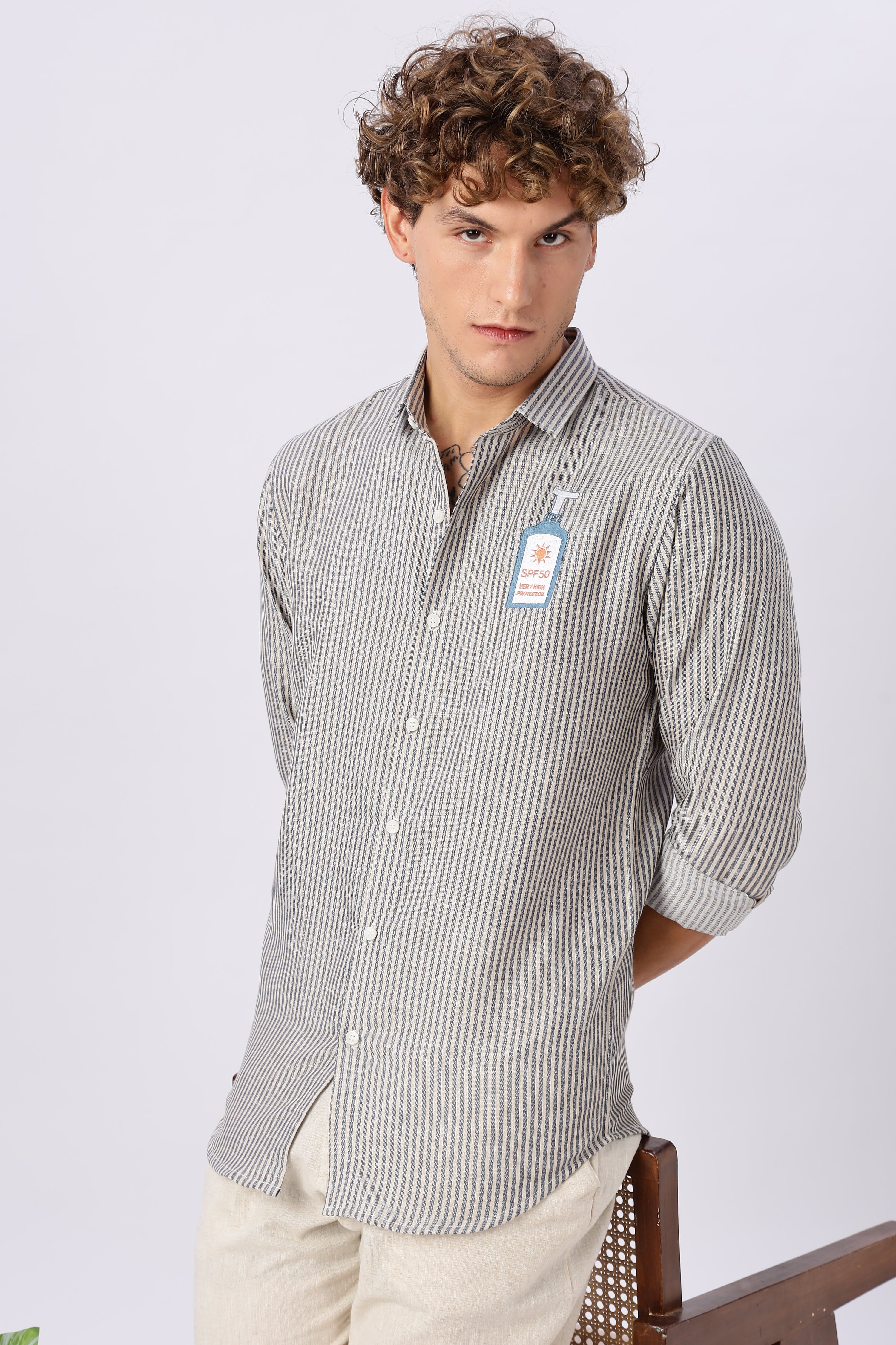 Certified Sunblocker Embroidery Striped Shirt