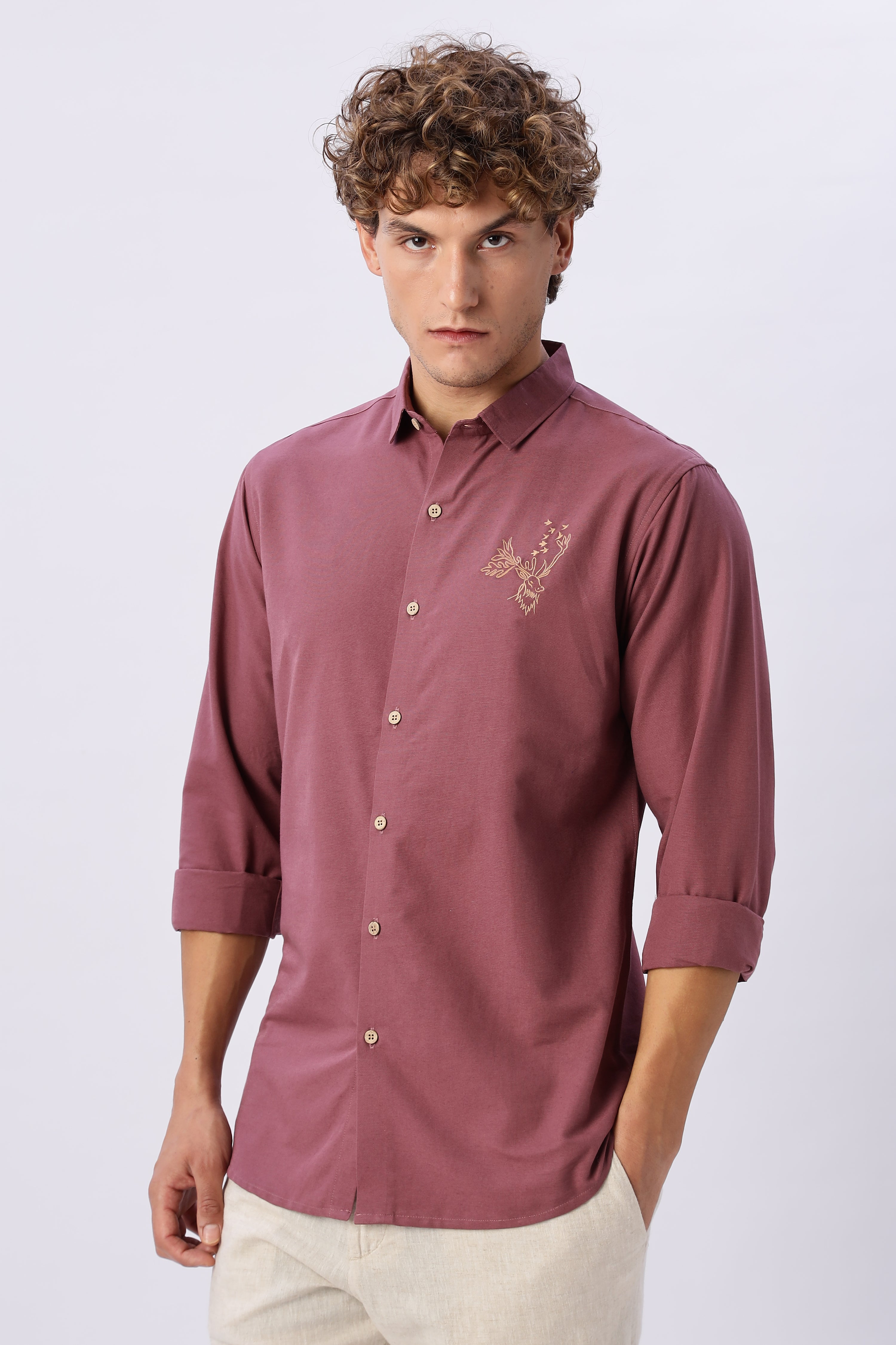 Arctic Reindeer maroon Embroidered Shirt
