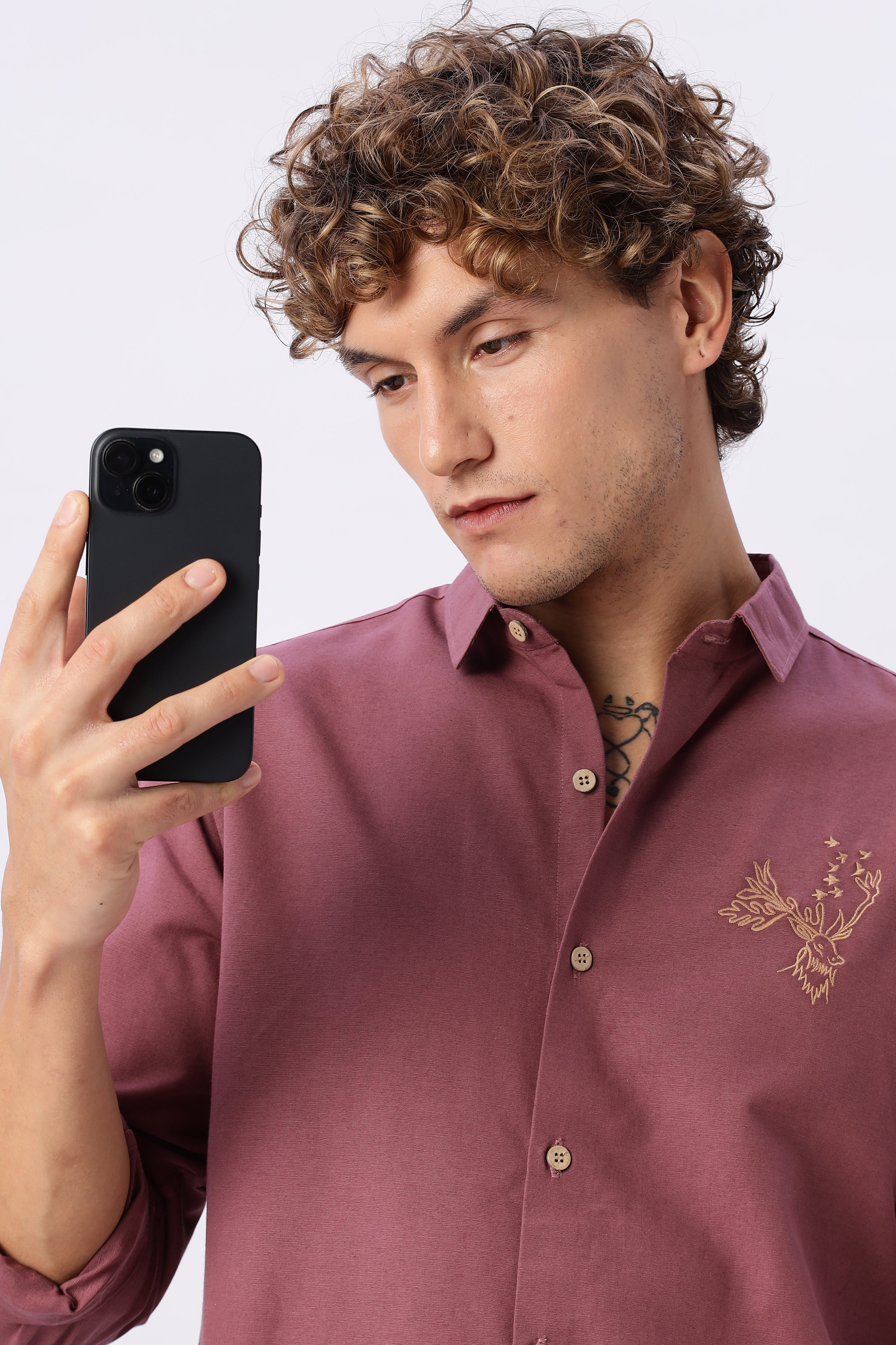 Arctic Reindeer maroon Embroidered Shirt