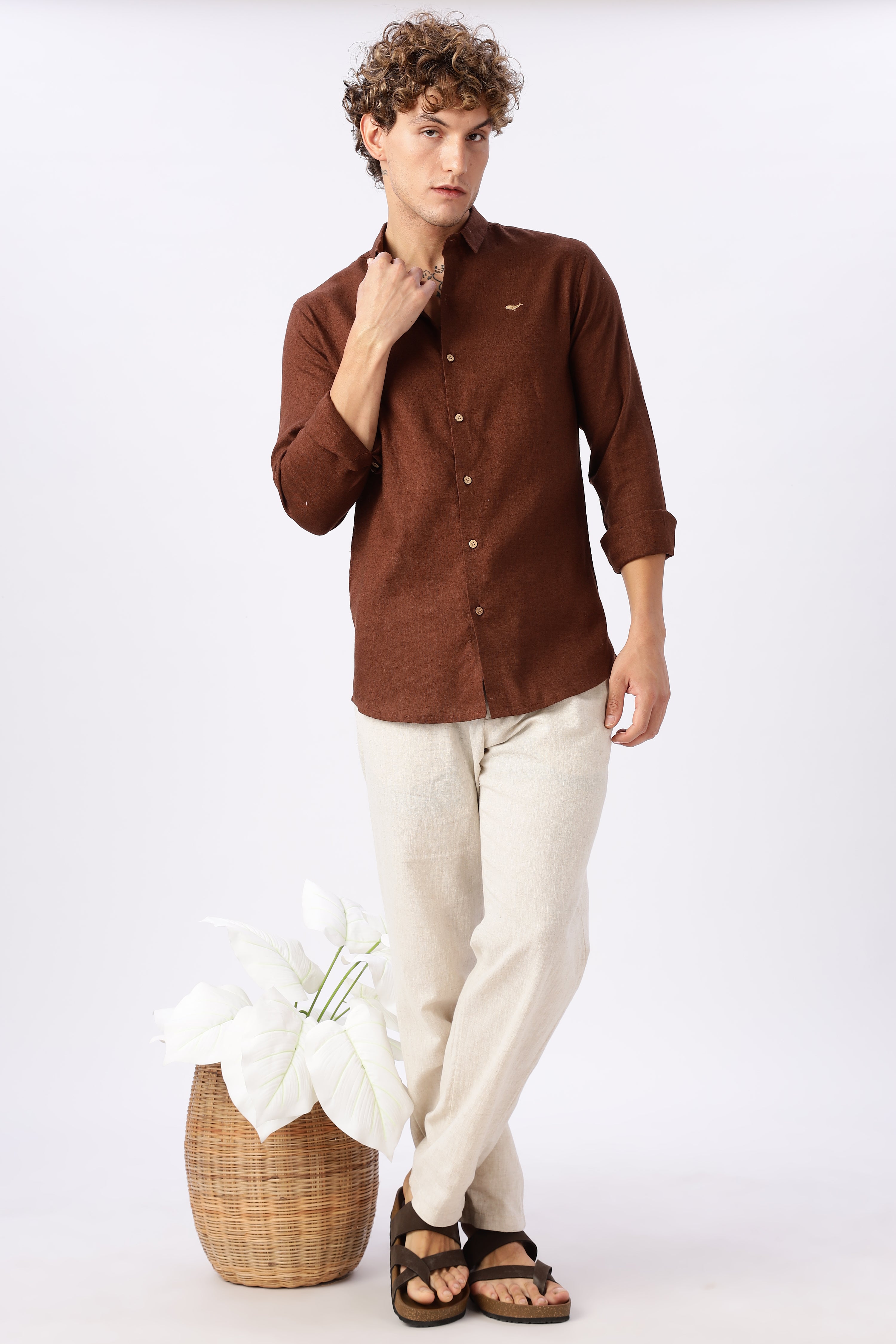 Brown 100% Linen 44 Lea Shirt