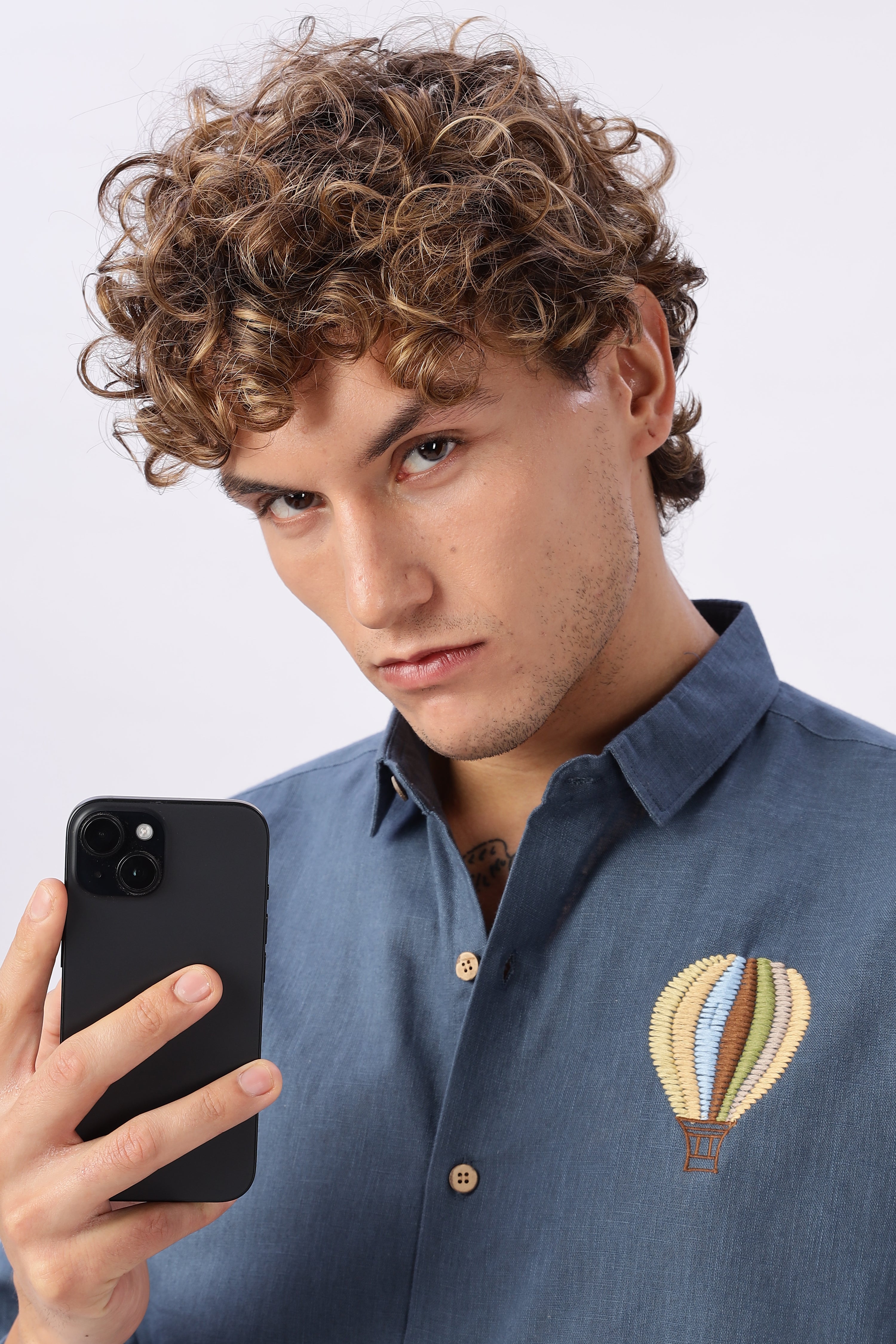 The Hot Air Dreamer Chambray Blue Embroidered Shirt