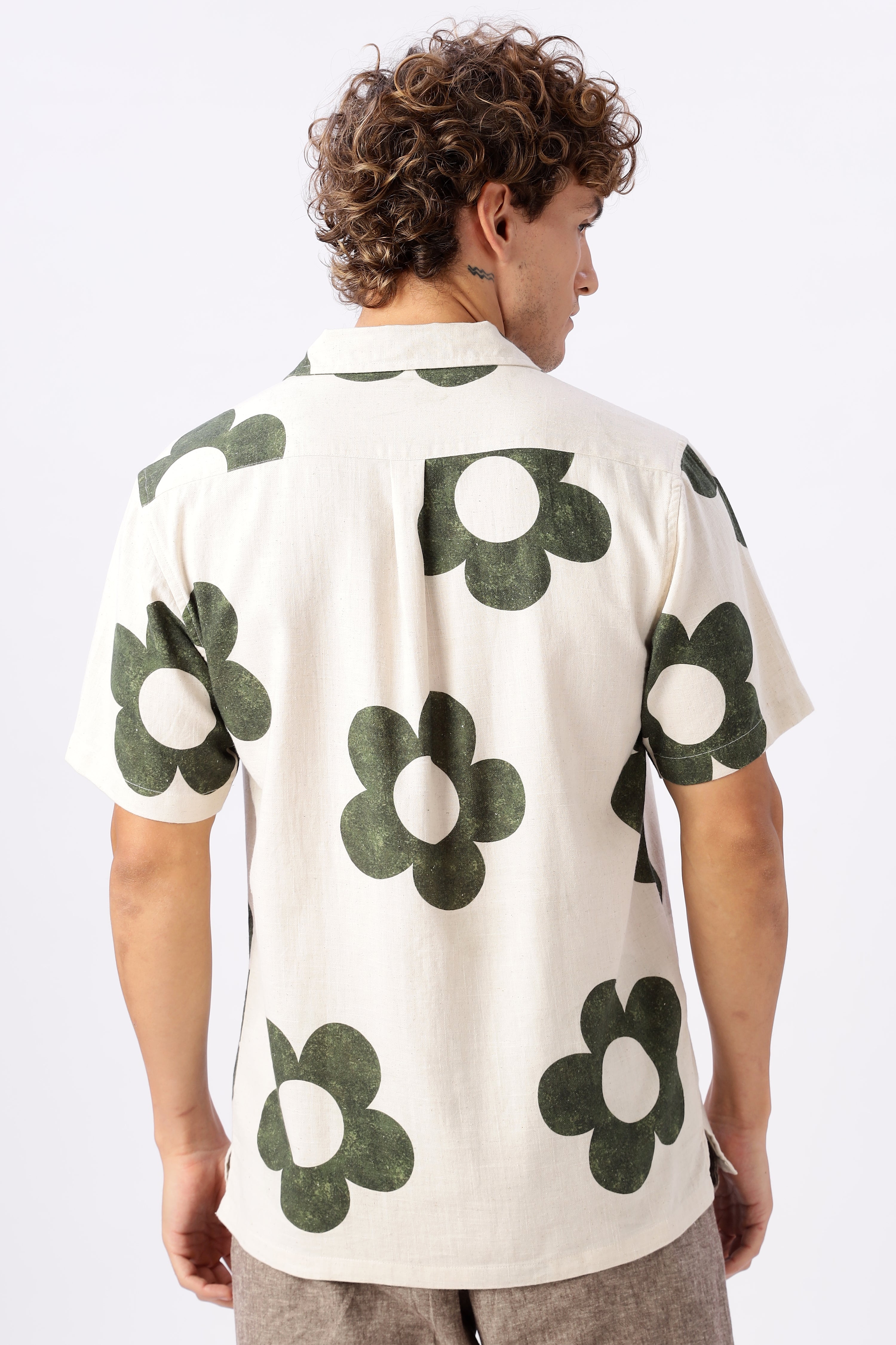 Vintage Green Floral Cuban Collar Cream Shirt