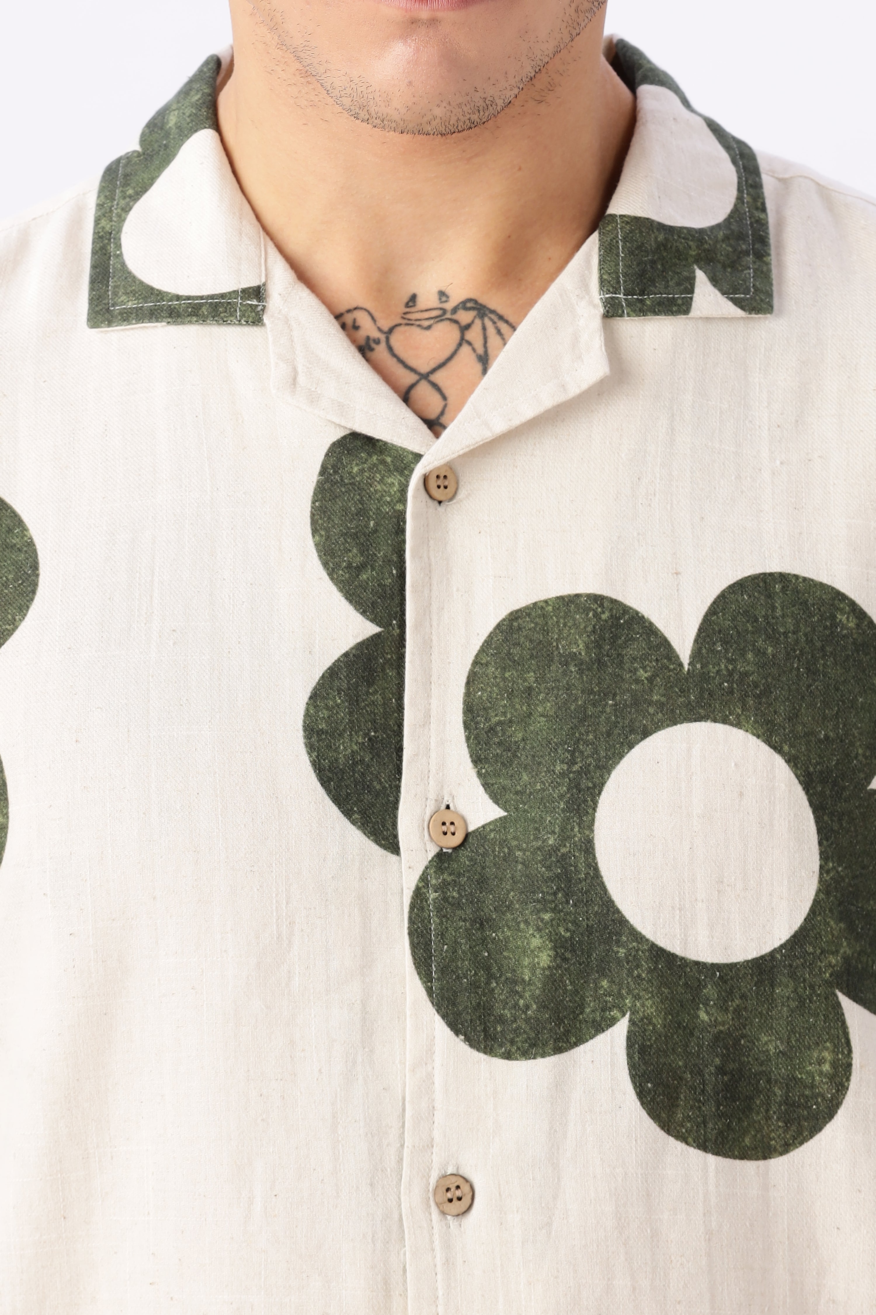Vintage Green Floral Cuban Collar Cream Shirt