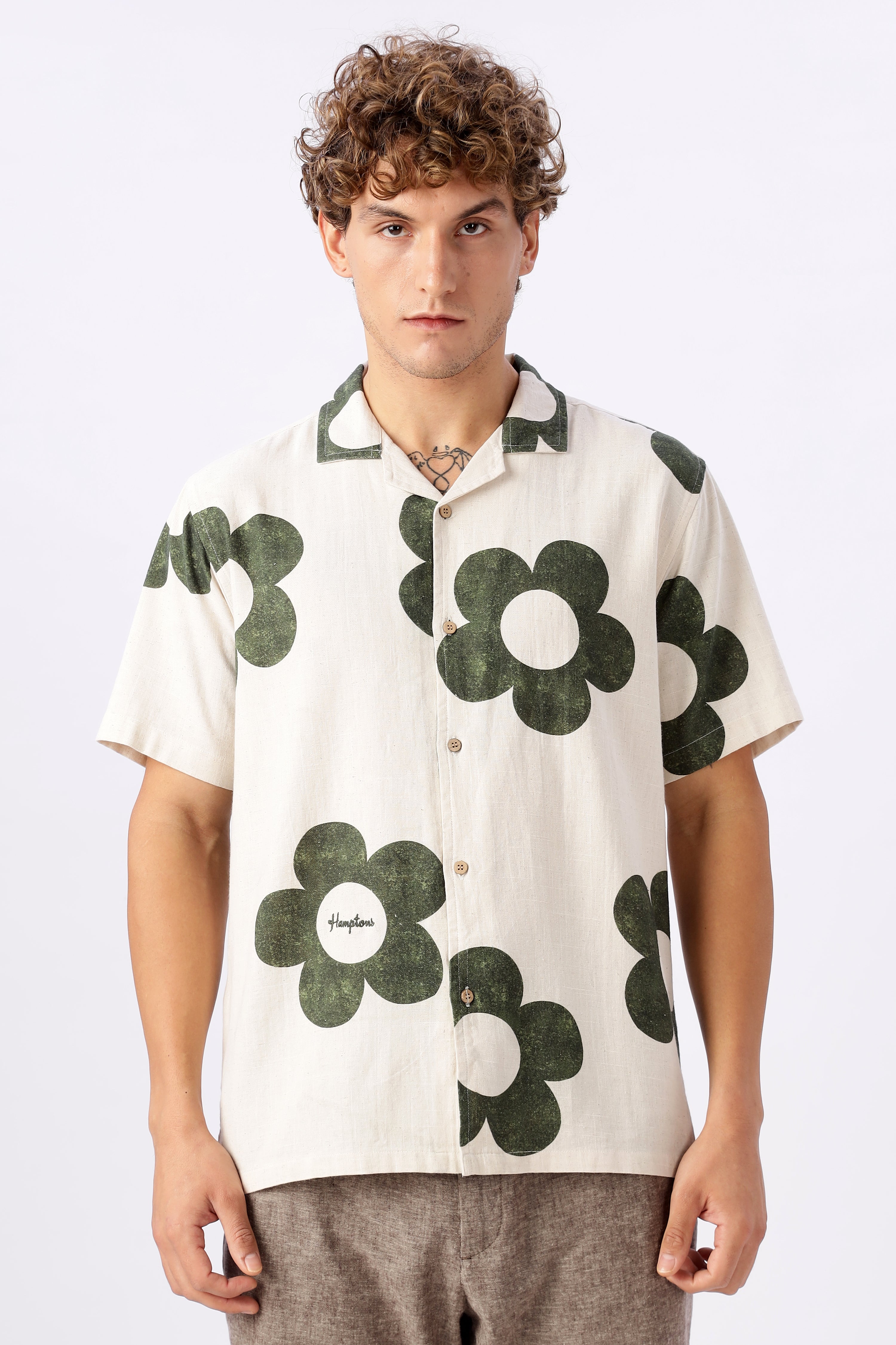 Vintage Green Floral Cuban Collar Cream Shirt