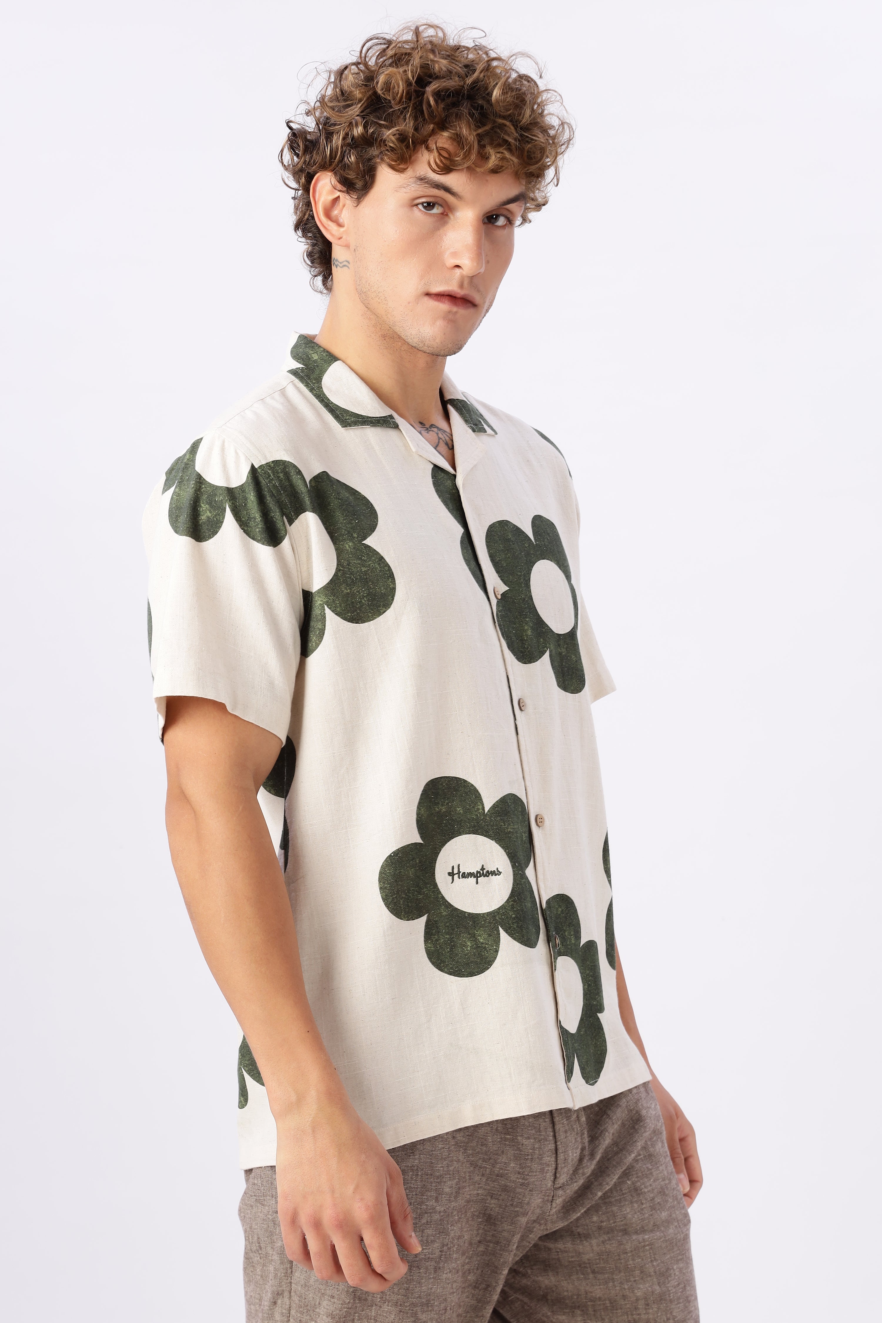 Vintage Green Floral Cuban Collar Cream Shirt