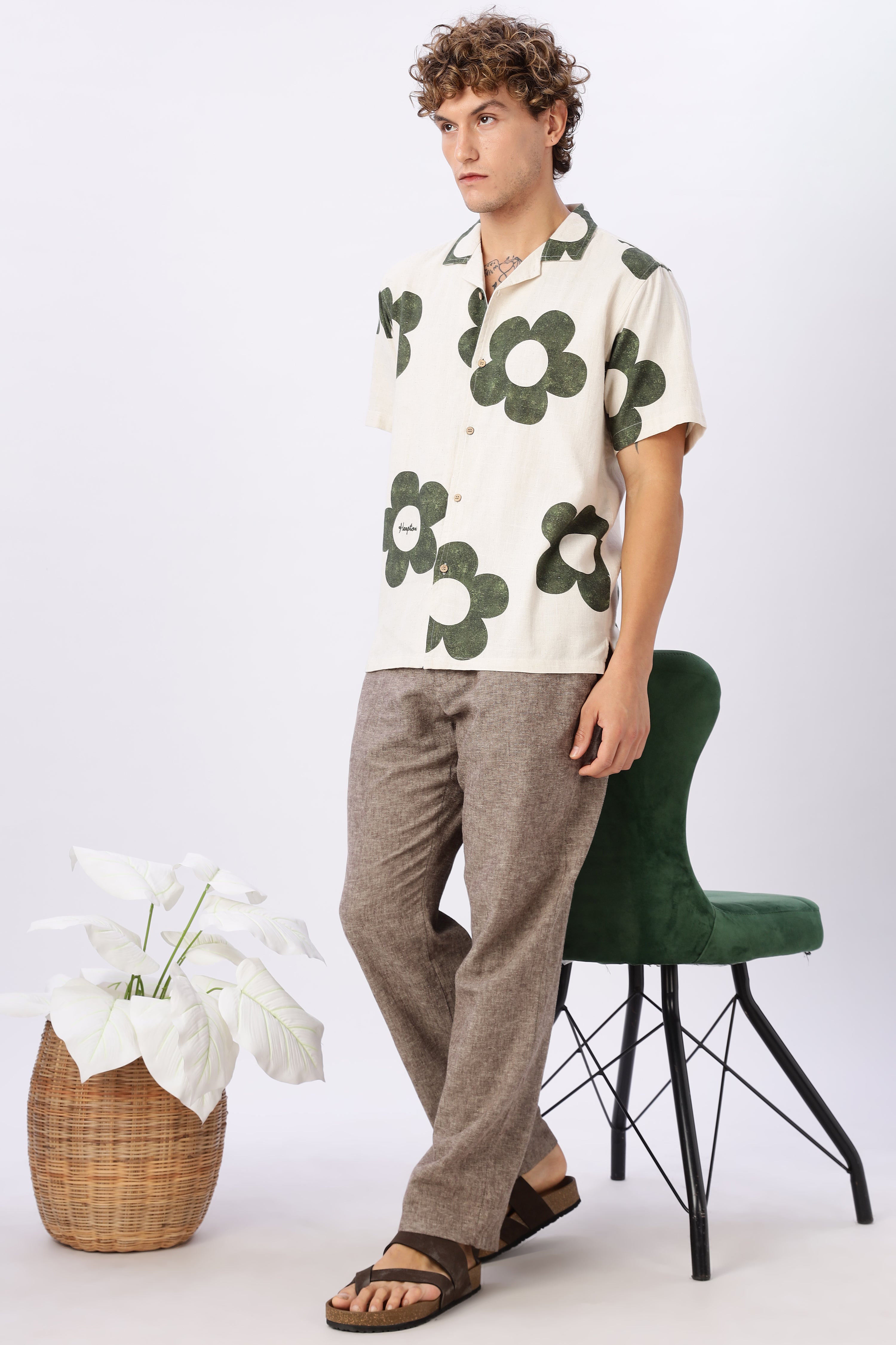 Vintage Green Floral Cuban Collar Cream Shirt
