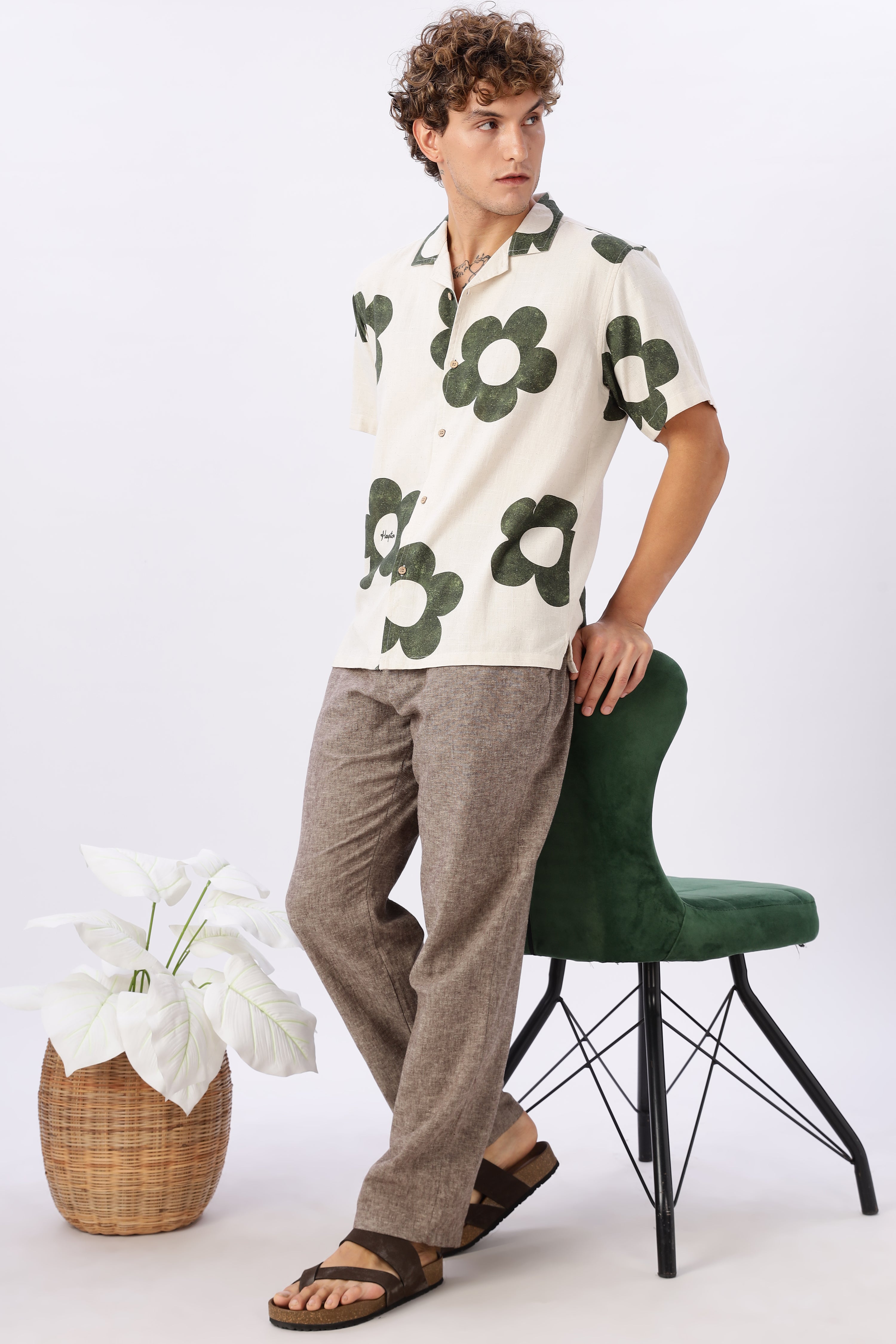 Vintage Green Floral Cuban Collar Cream Shirt