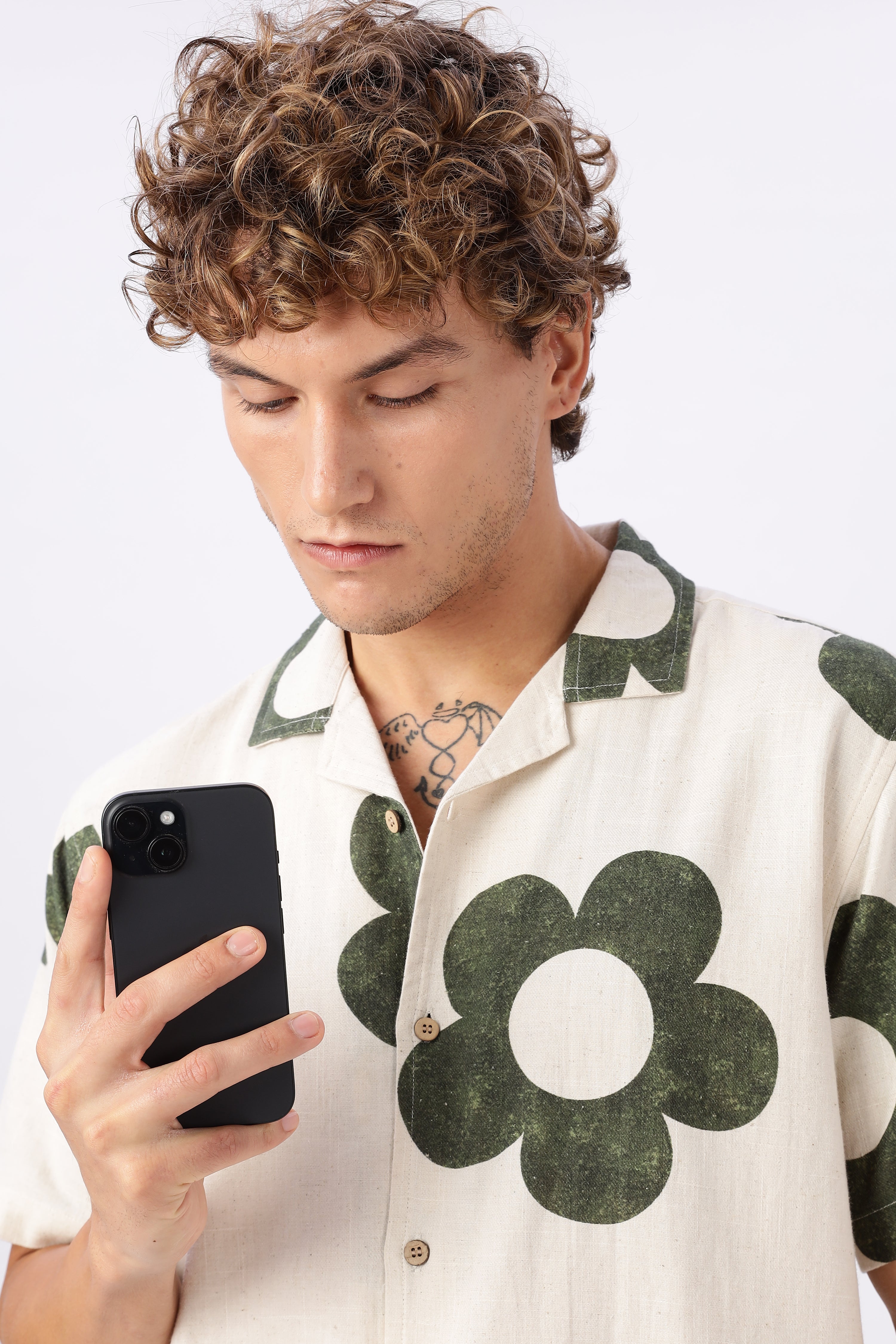 Vintage Green Floral Cuban Collar Cream Shirt