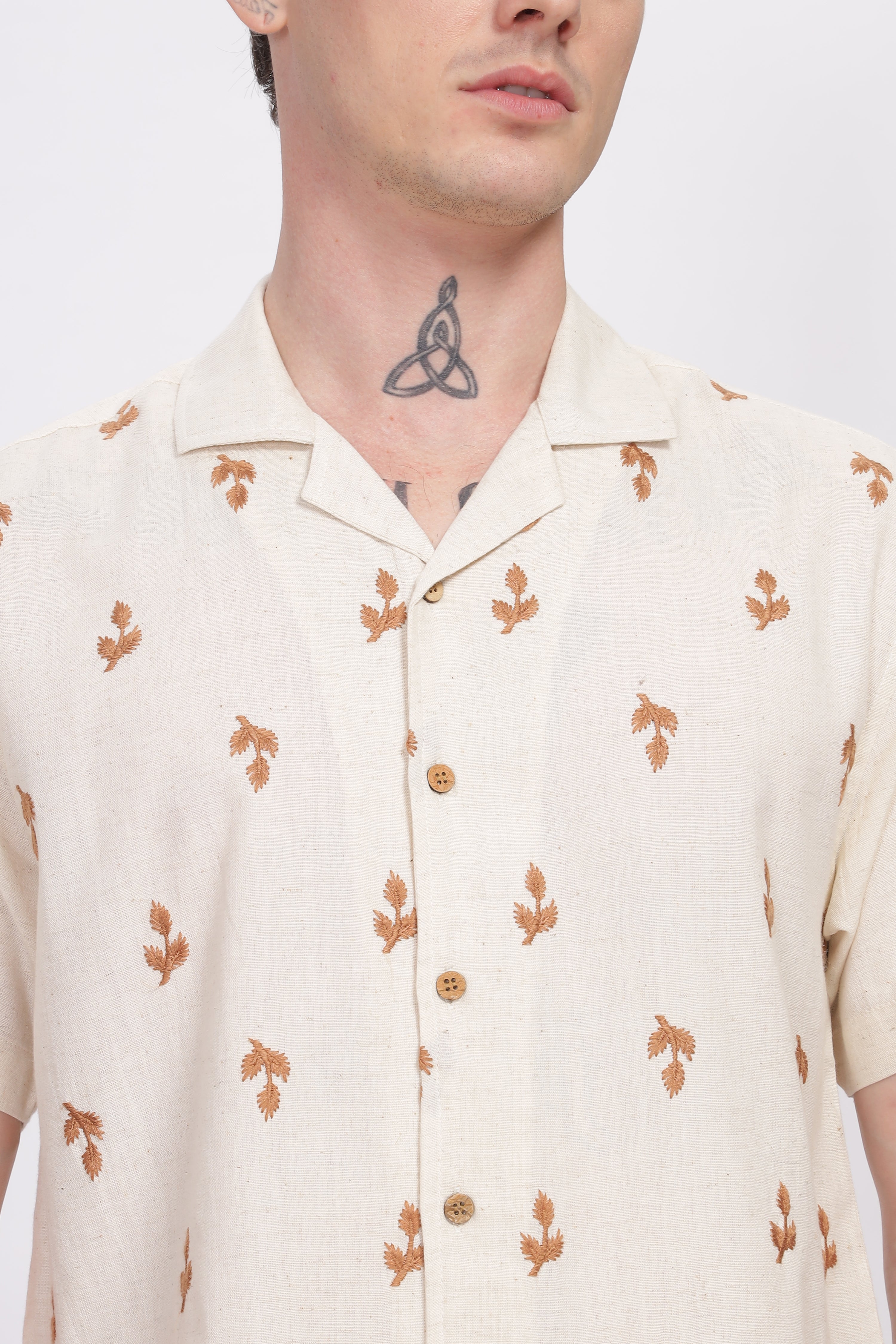 Milan Beige All-Over Embroidery Camp Collar Shirt