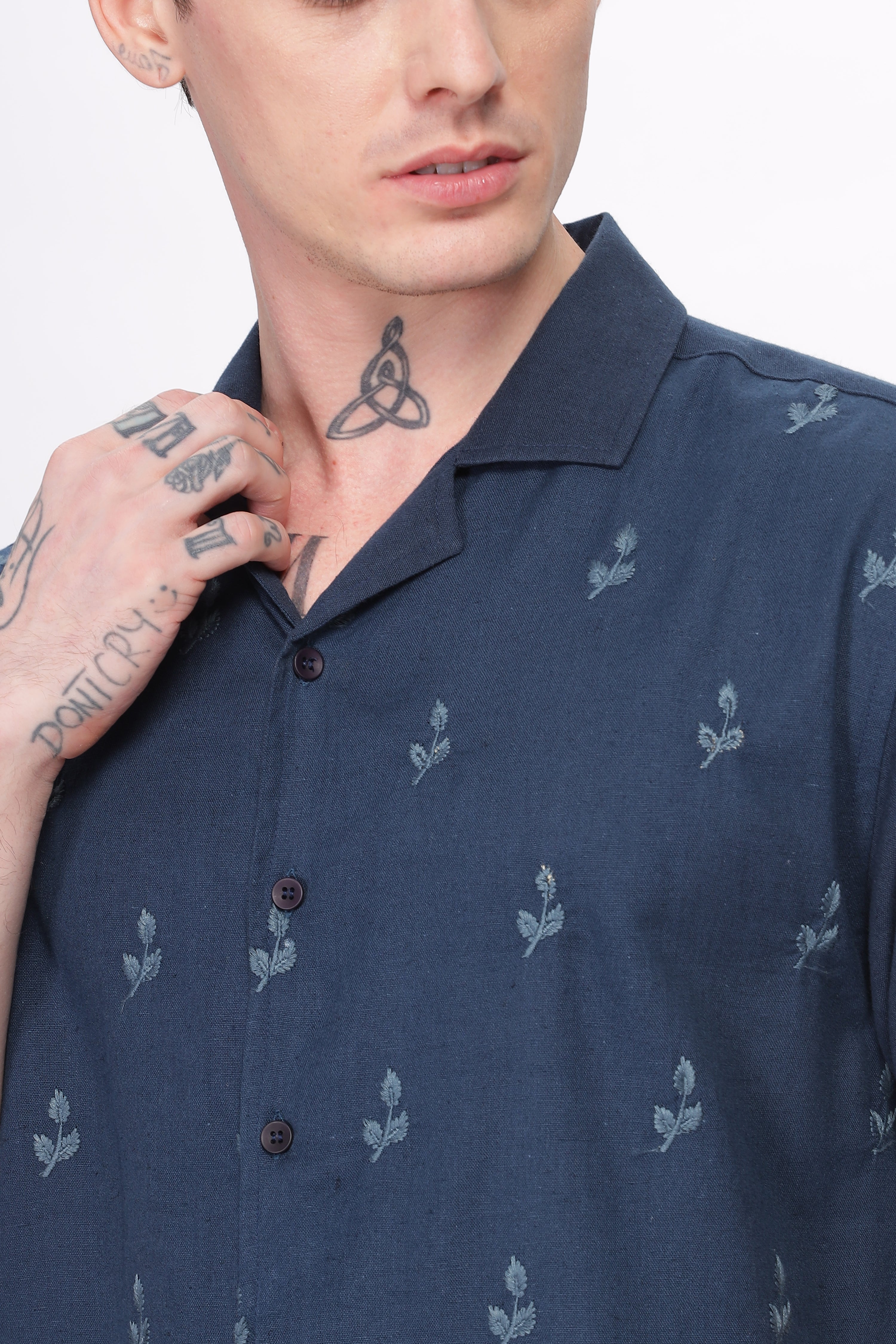 Oslo Blue All-Over Embroidery Camp Collar Shirt