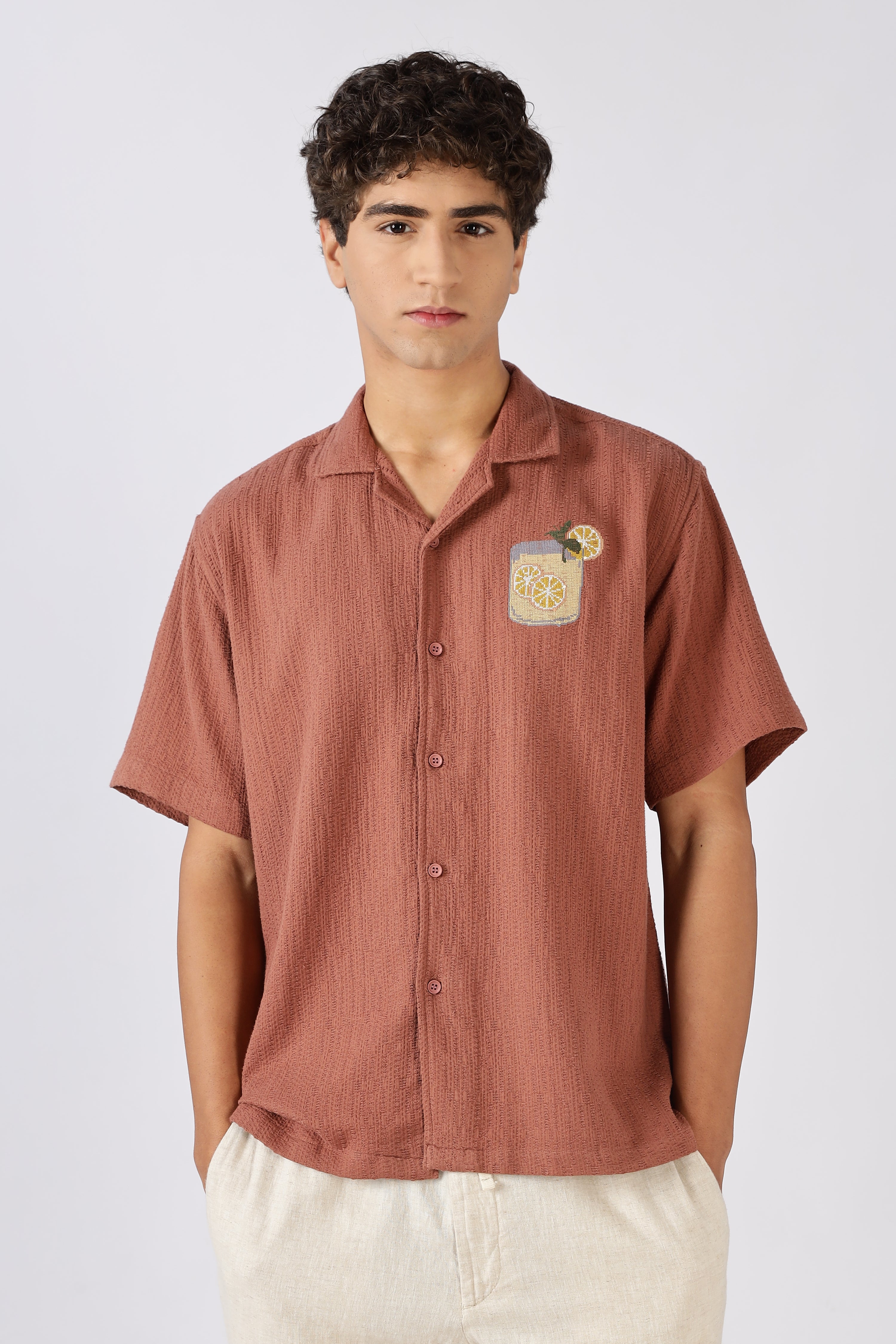 Citrus Spritz Textured Box Fit Orange Embroidered Shirt
