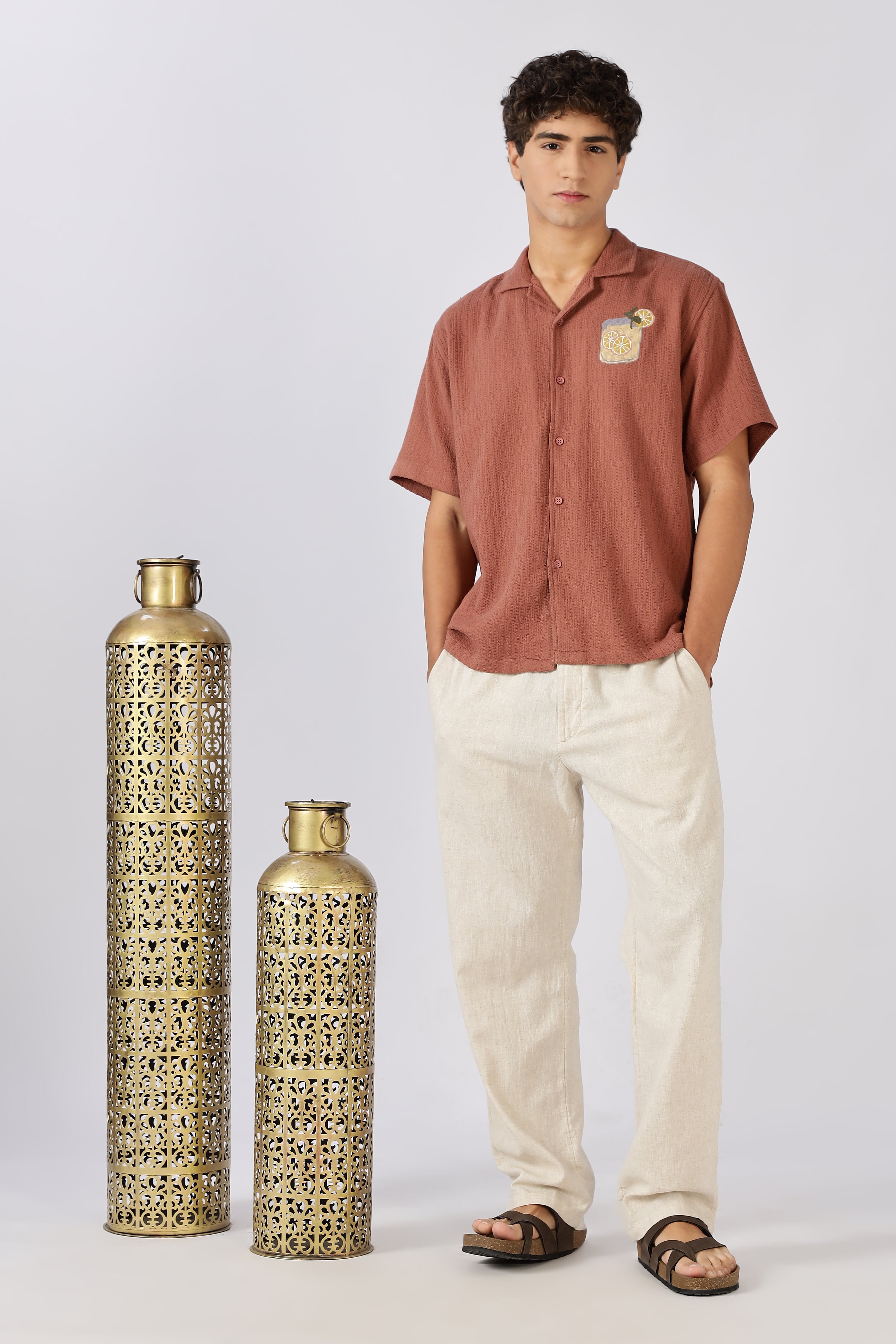 Citrus Spritz Textured Box Fit Orange Embroidered Shirt