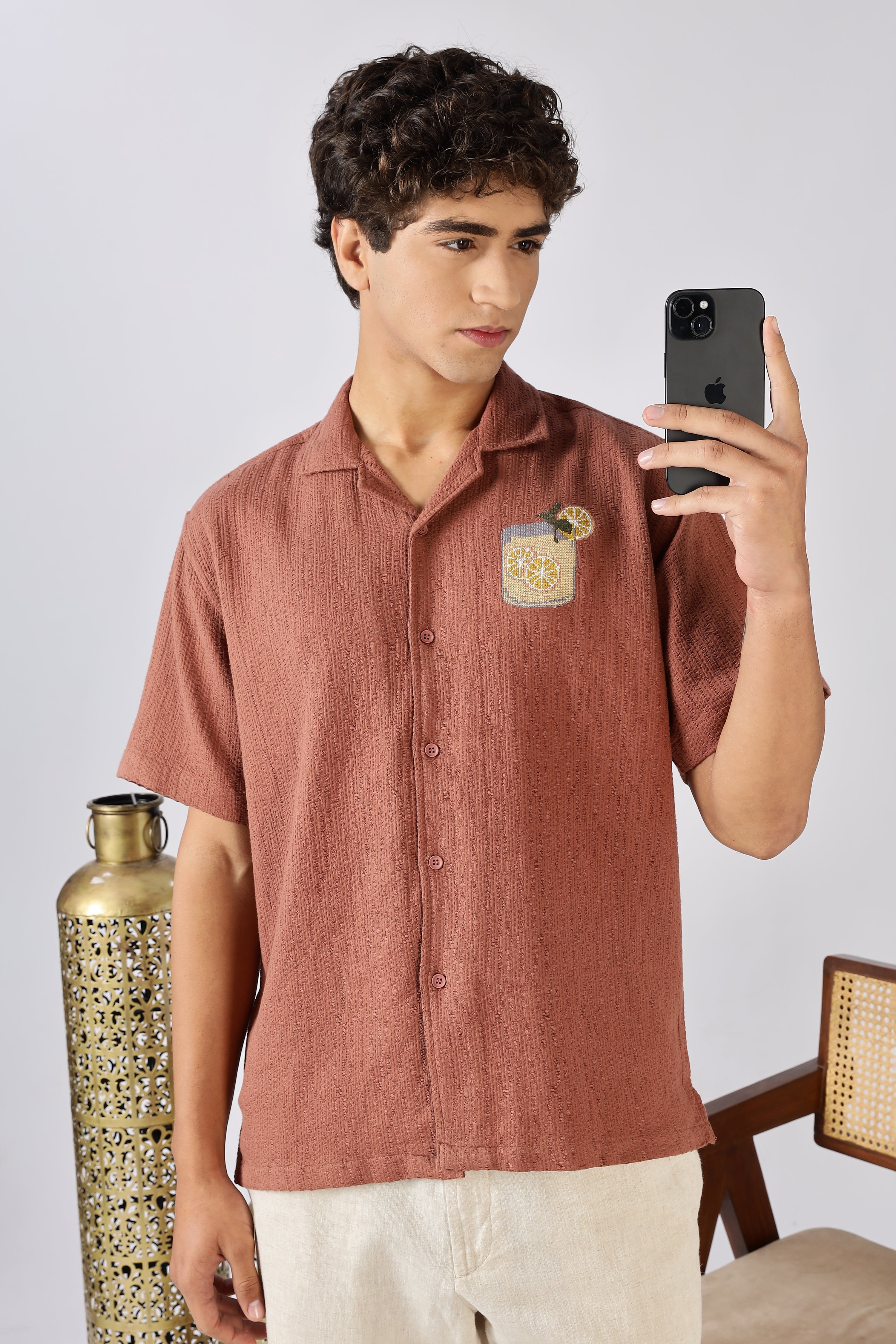 Citrus Spritz Textured Box Fit Orange Embroidered Shirt