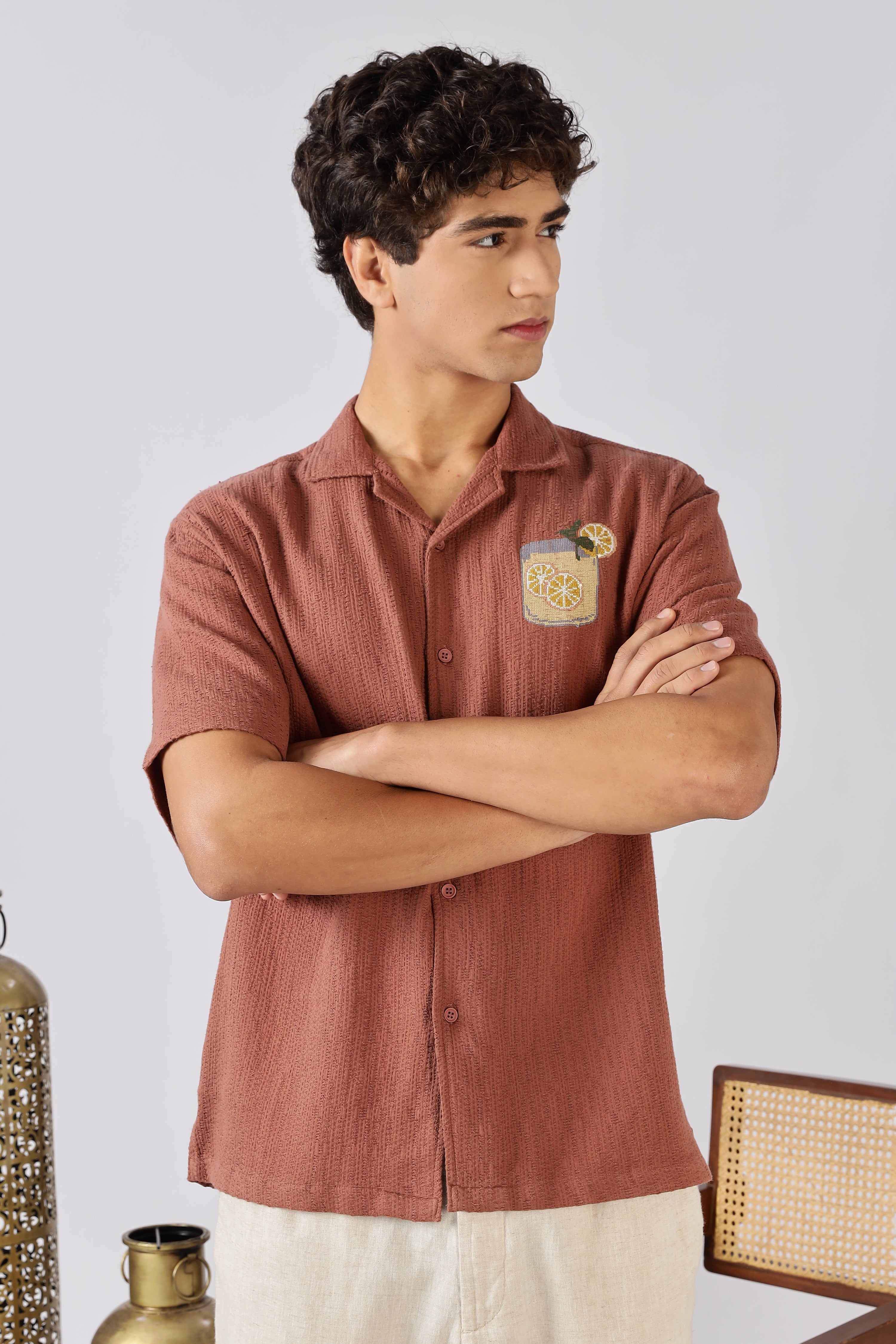 Citrus Spritz Textured Box Fit Orange Embroidered Shirt