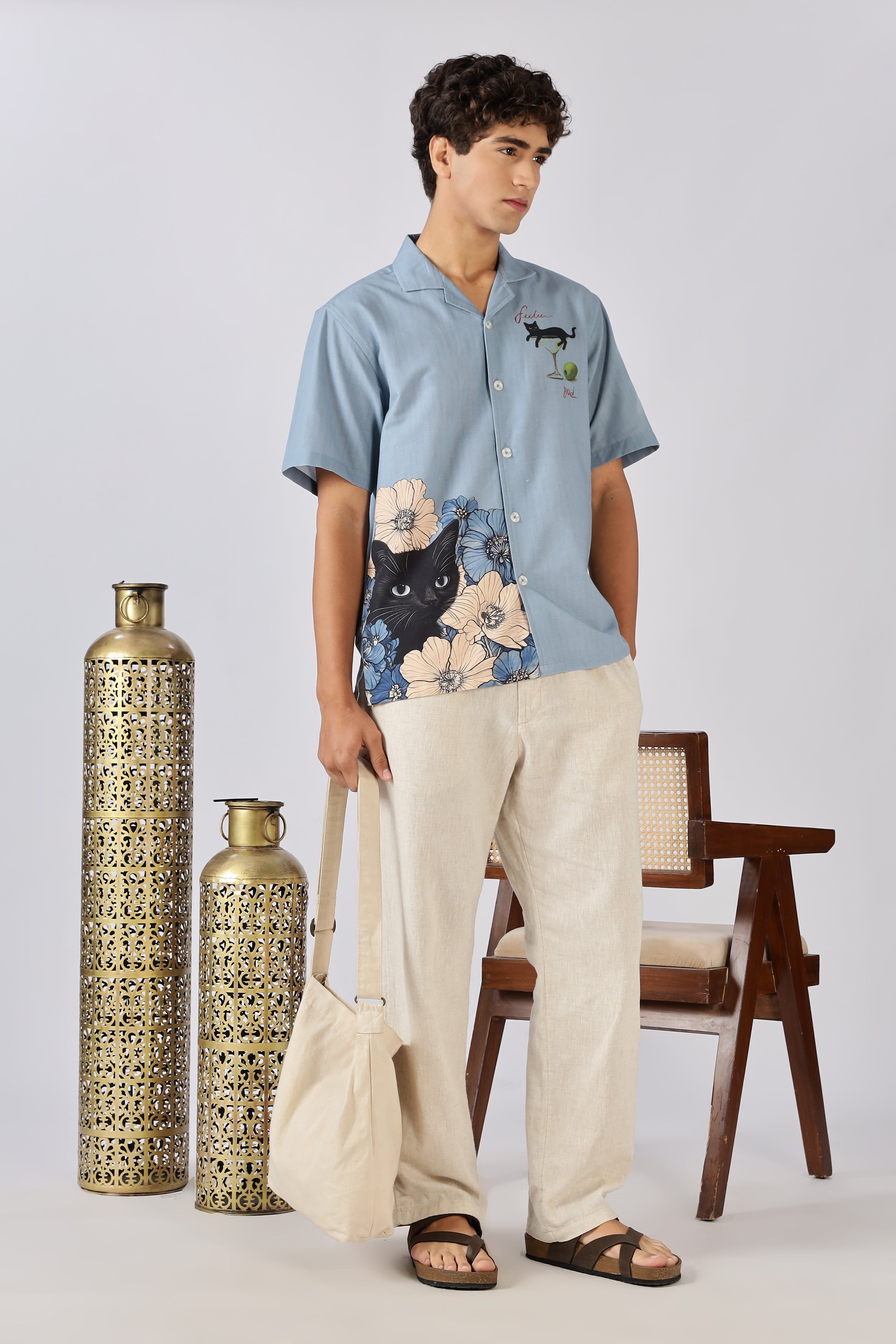 Midnight Cat Cocktail Printed Cuban Collar Shirt