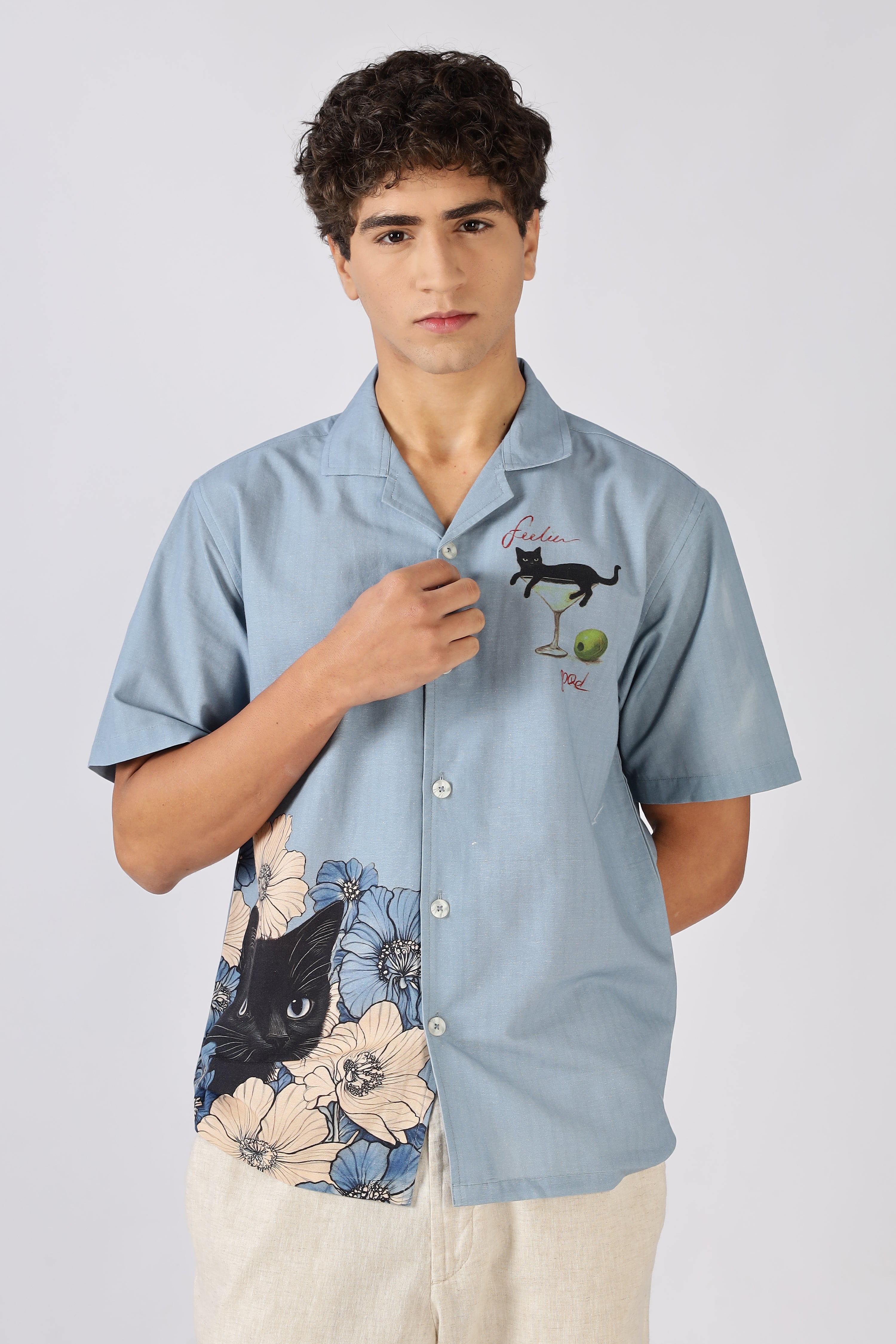 Midnight Cat Cocktail Printed Cuban Collar Shirt