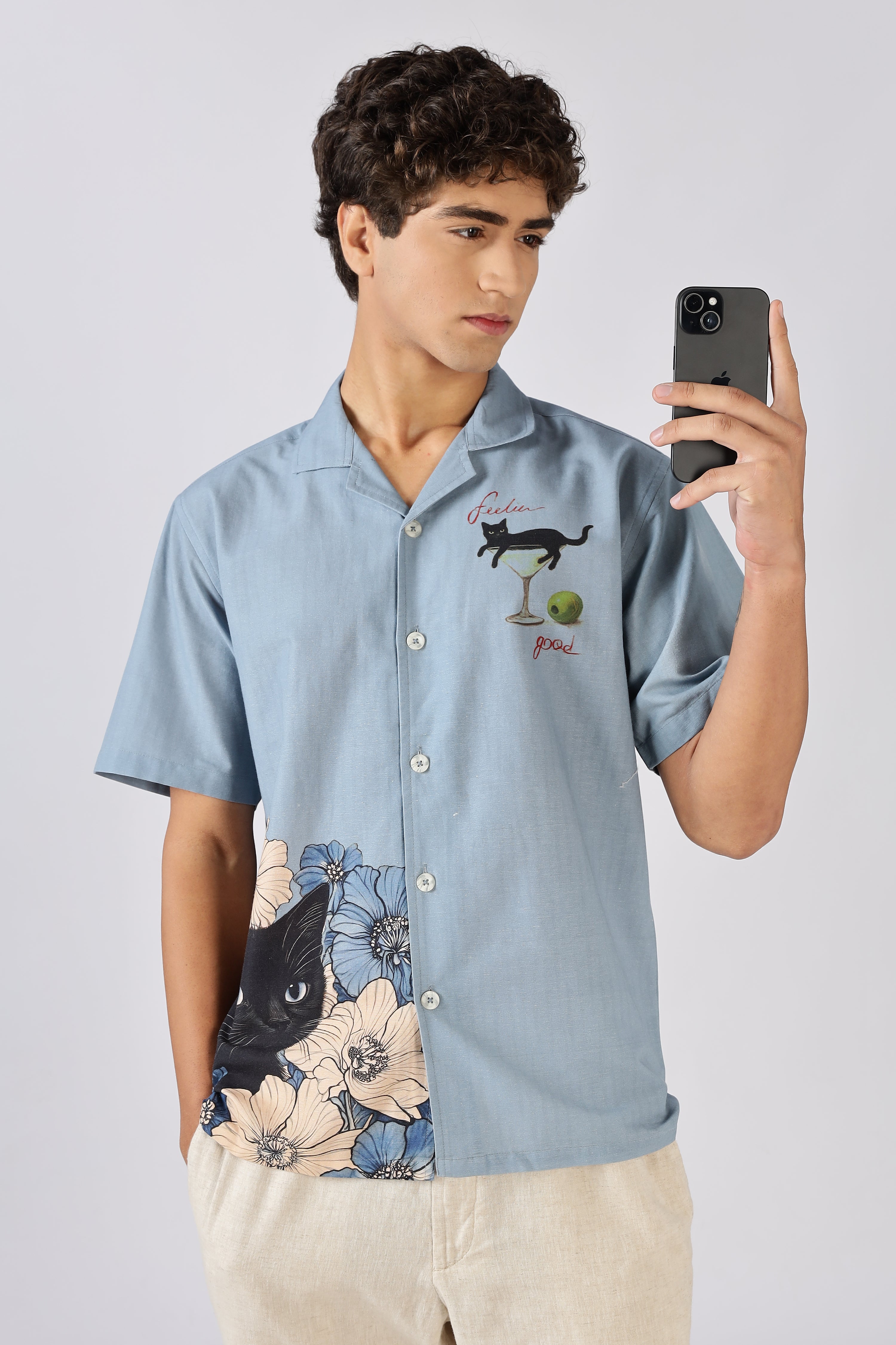Midnight Cat Cocktail Printed Cuban Collar Shirt