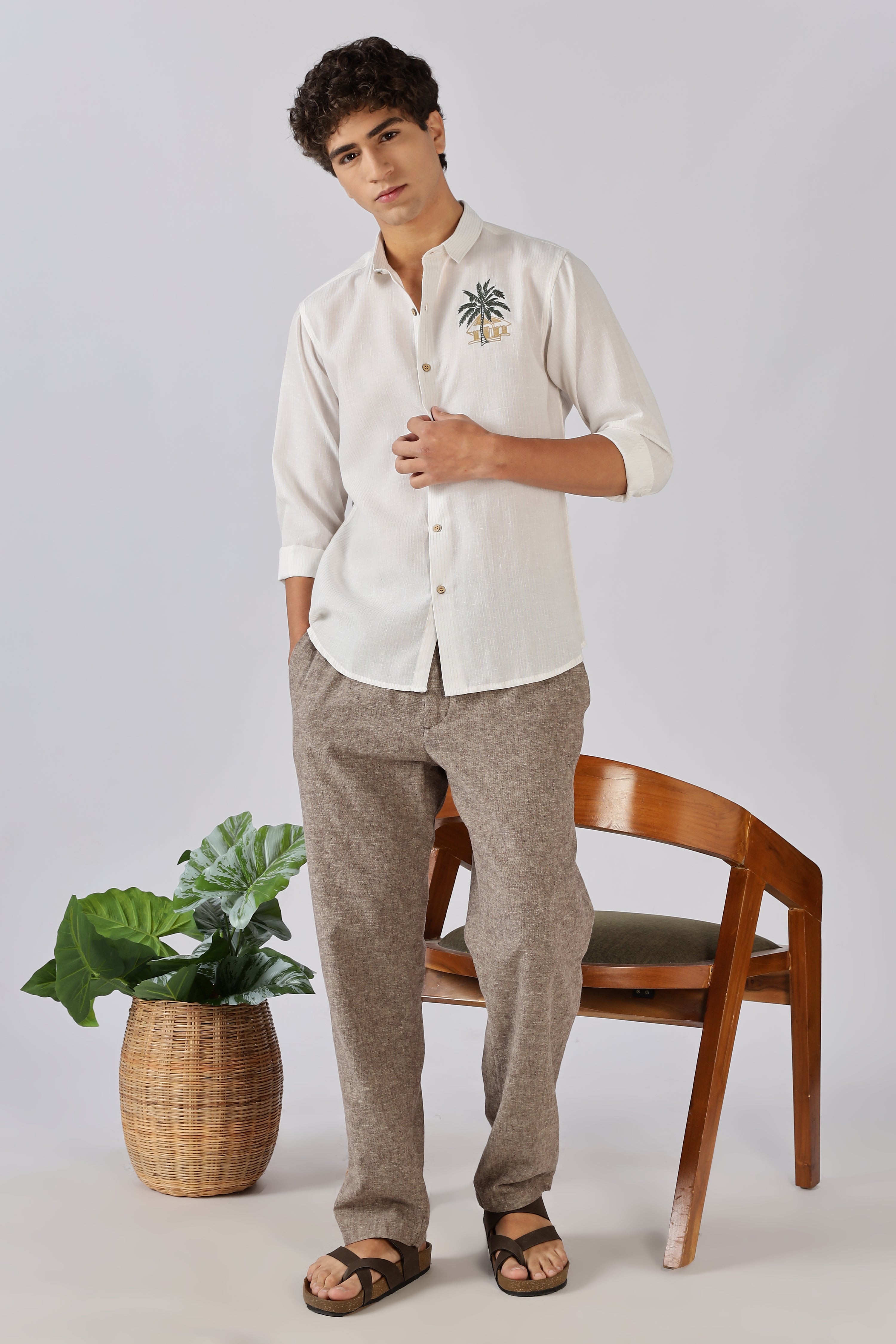 Palm Retreat Cotton Regular Fit White Embroidered Shirt