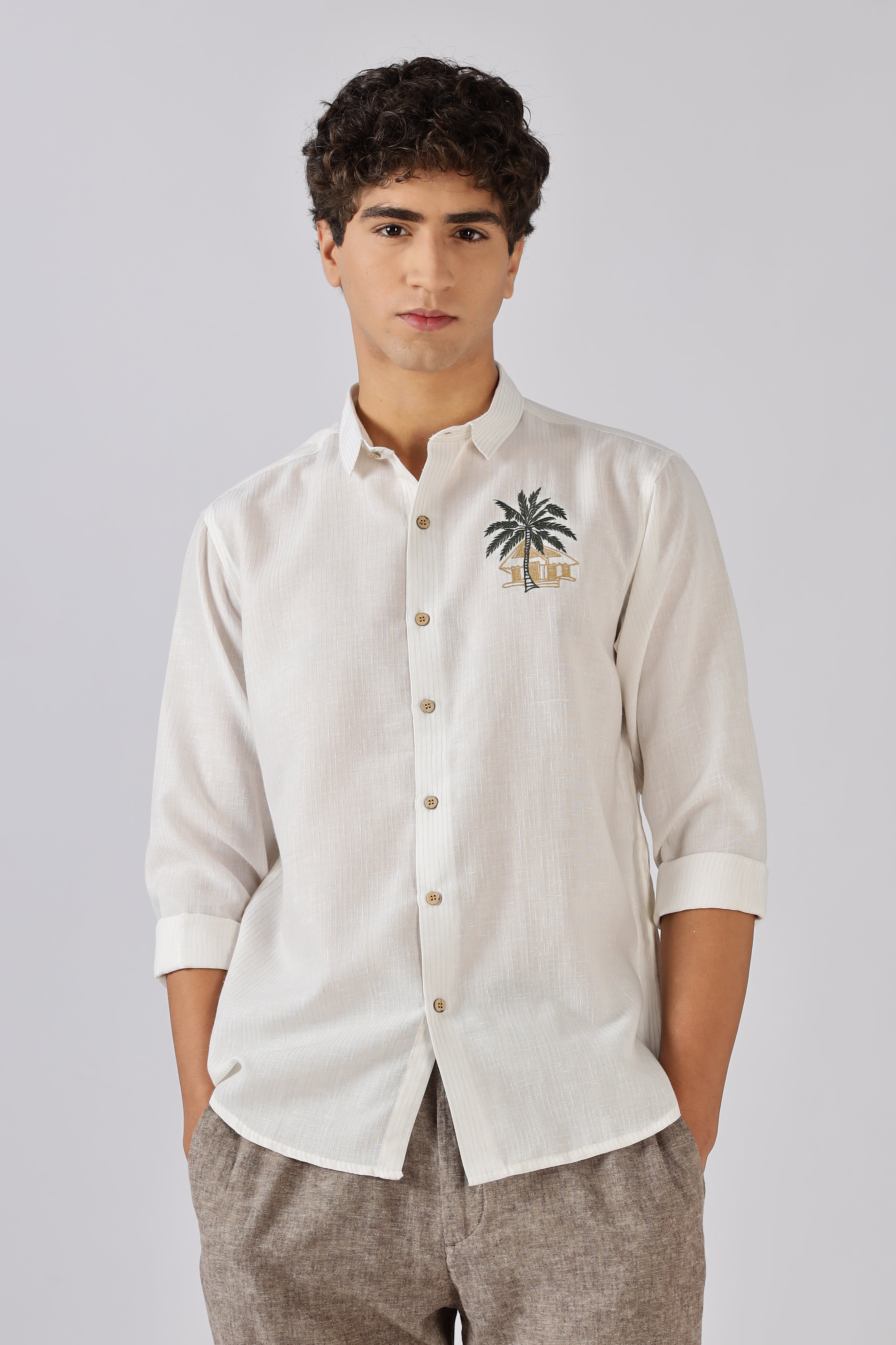 Palm Retreat Cotton Regular Fit White Embroidered Shirt