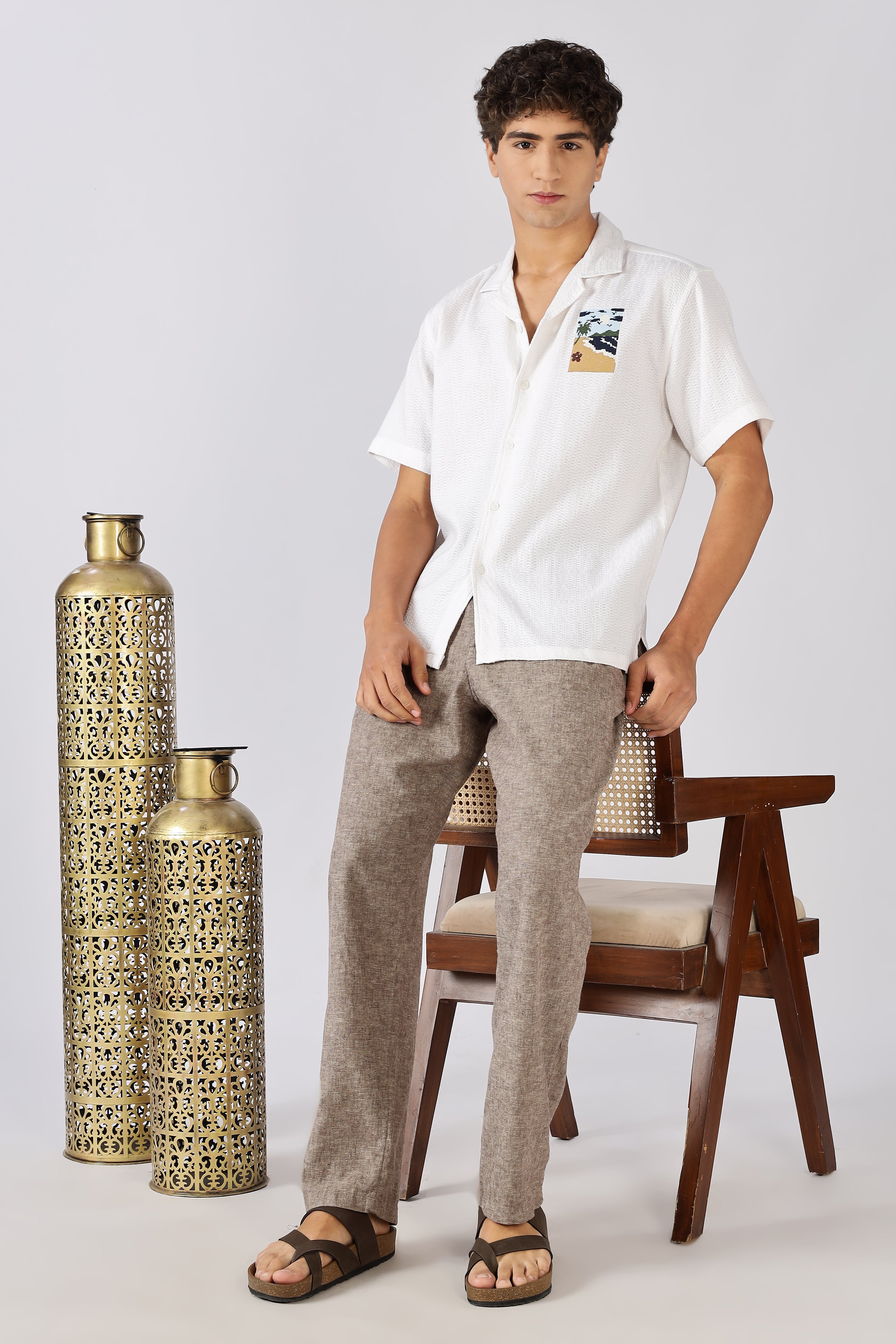 Sunset Shore Cotton Box Fit White Embroidered Shirt