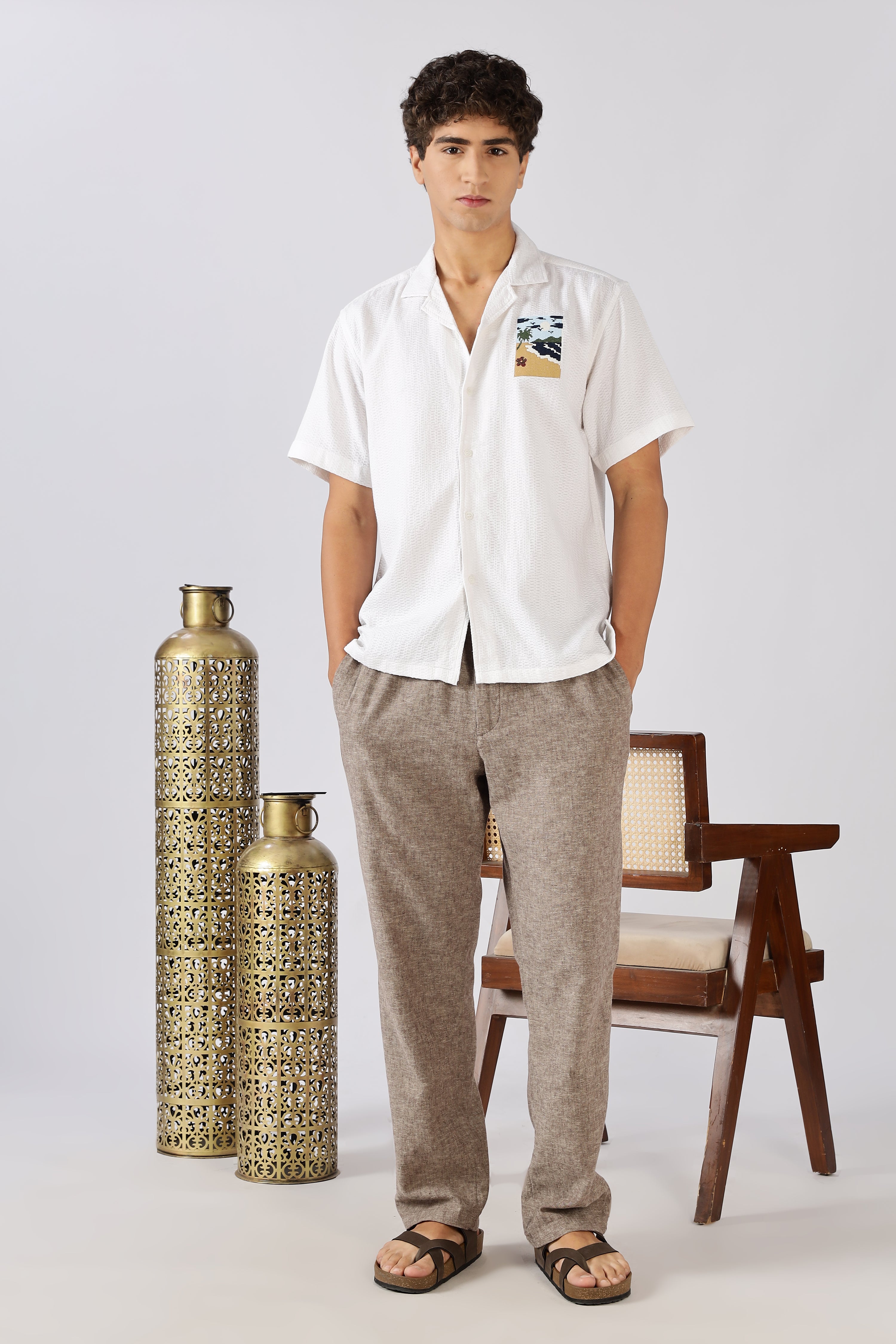 Sunset Shore Cotton Box Fit White Embroidered Shirt