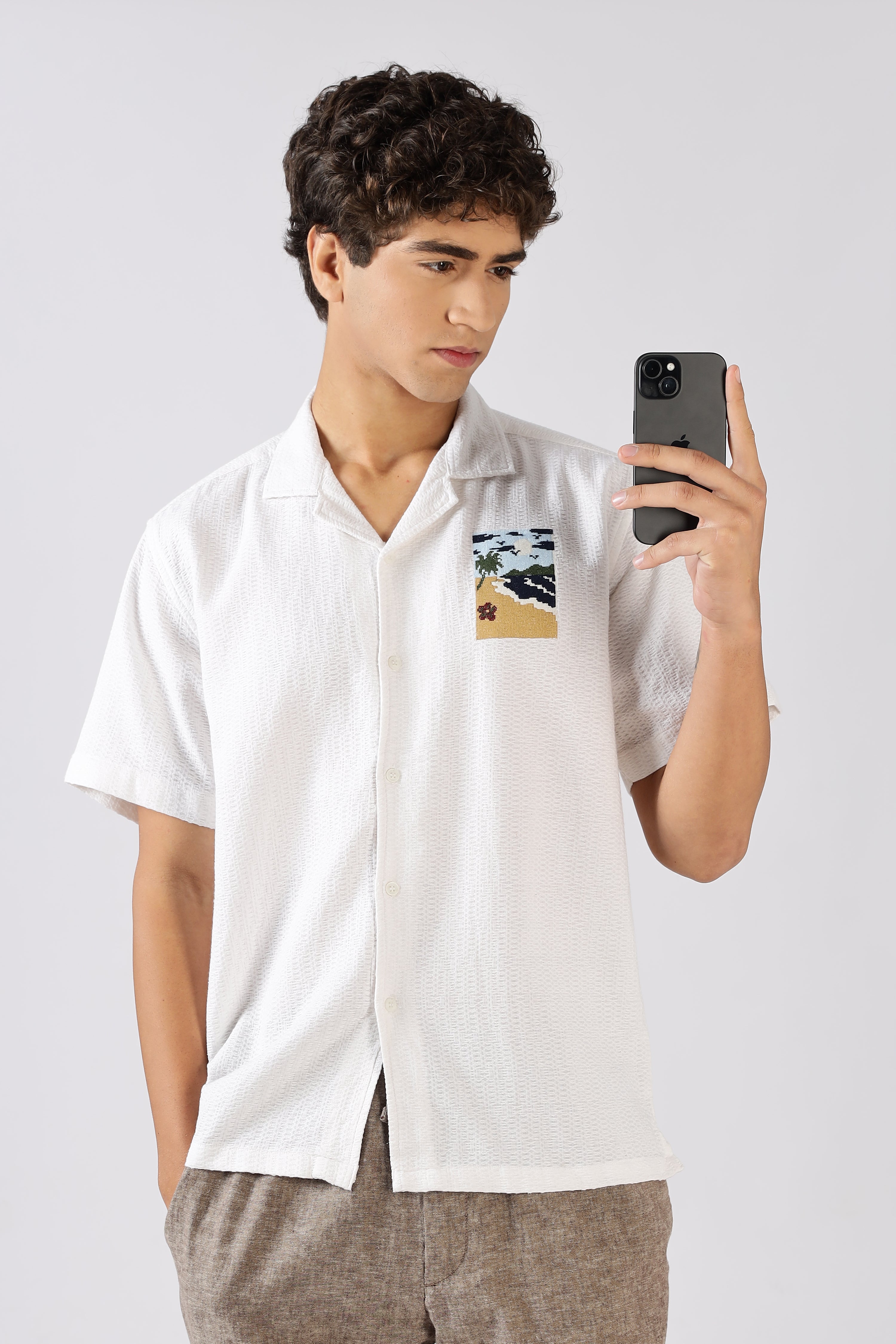 Sunset Shore Cotton Box Fit White Embroidered Shirt