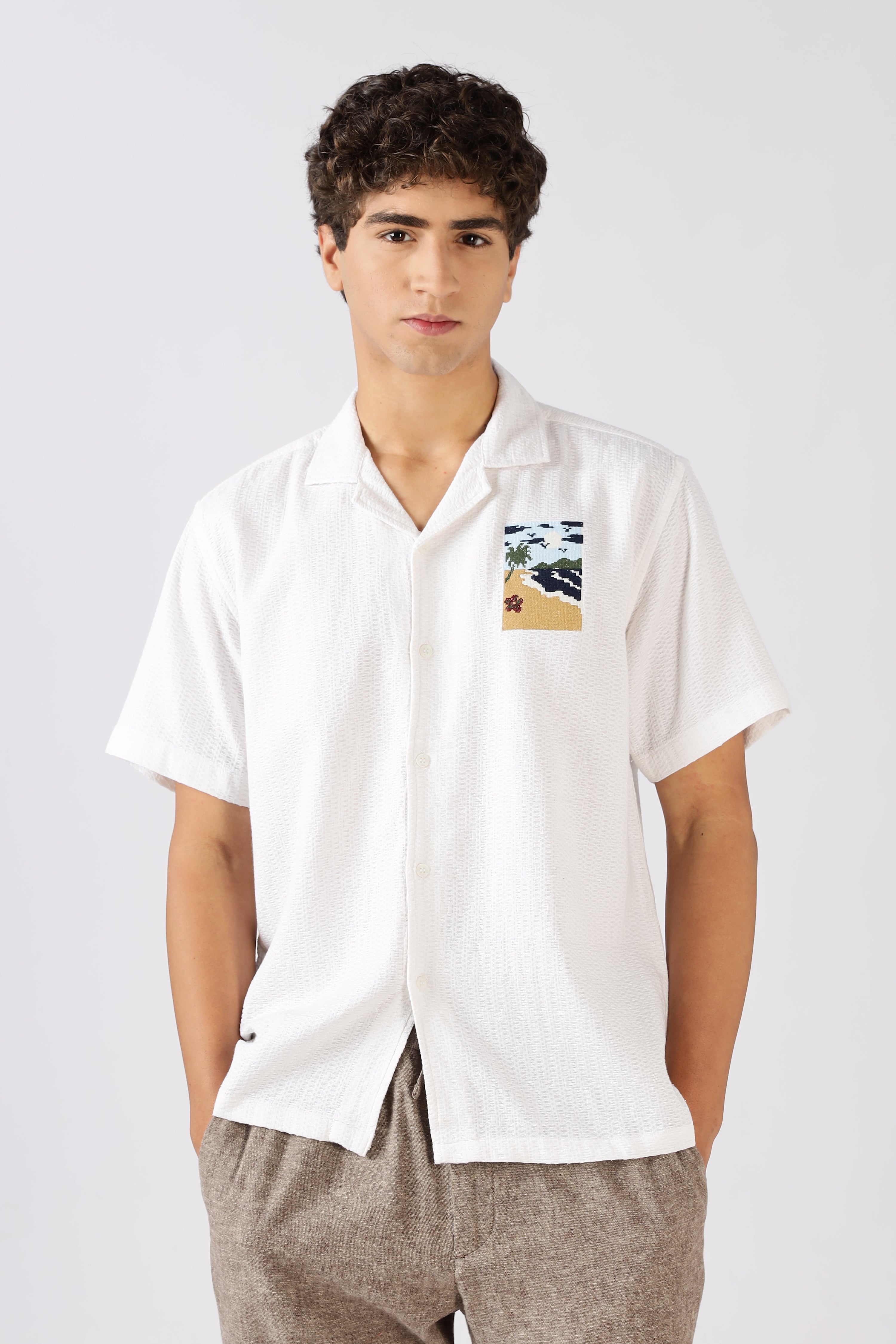 Sunset Shore Cotton Box Fit White Embroidered Shirt