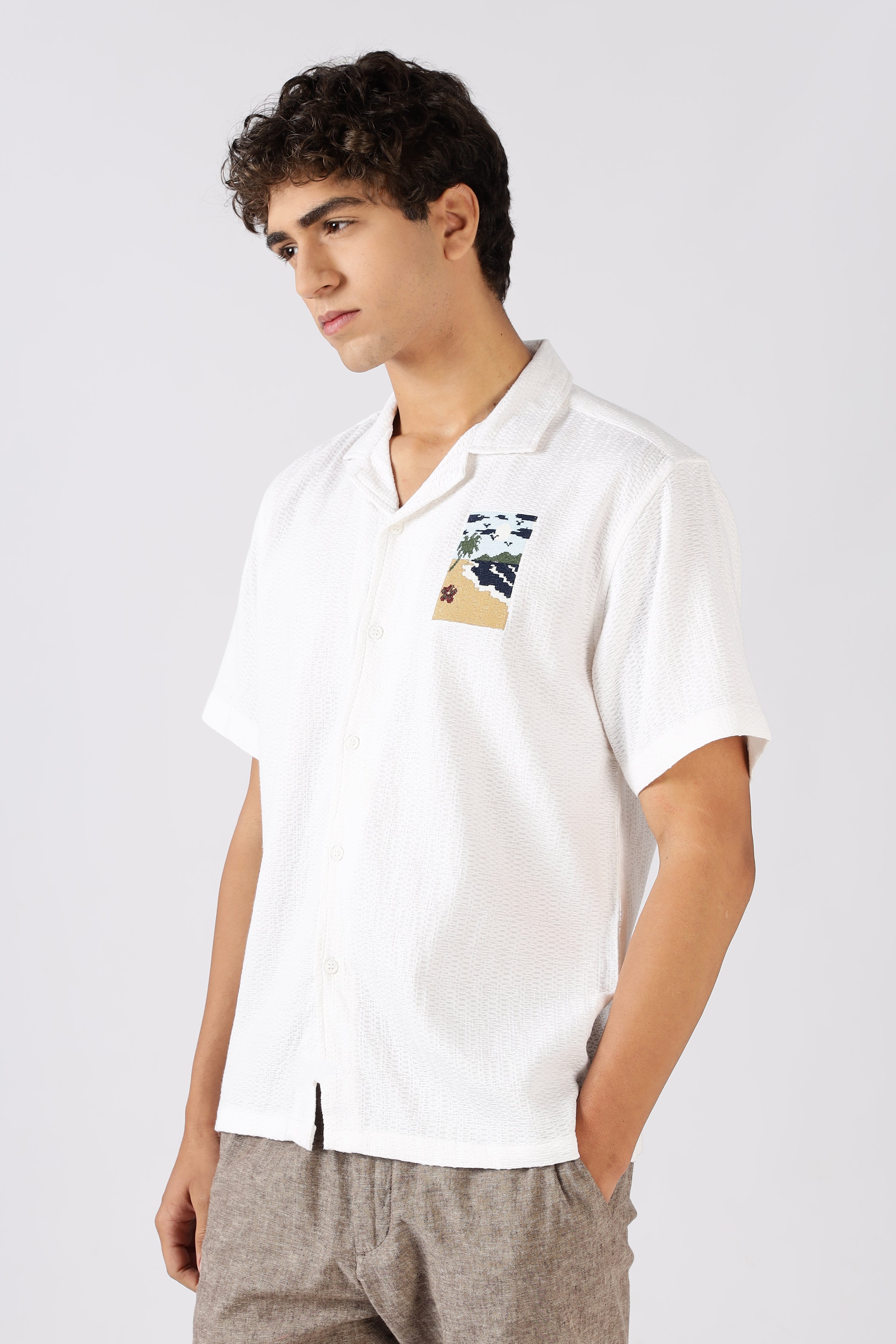 Sunset Shore Cotton Box Fit White Embroidered Shirt