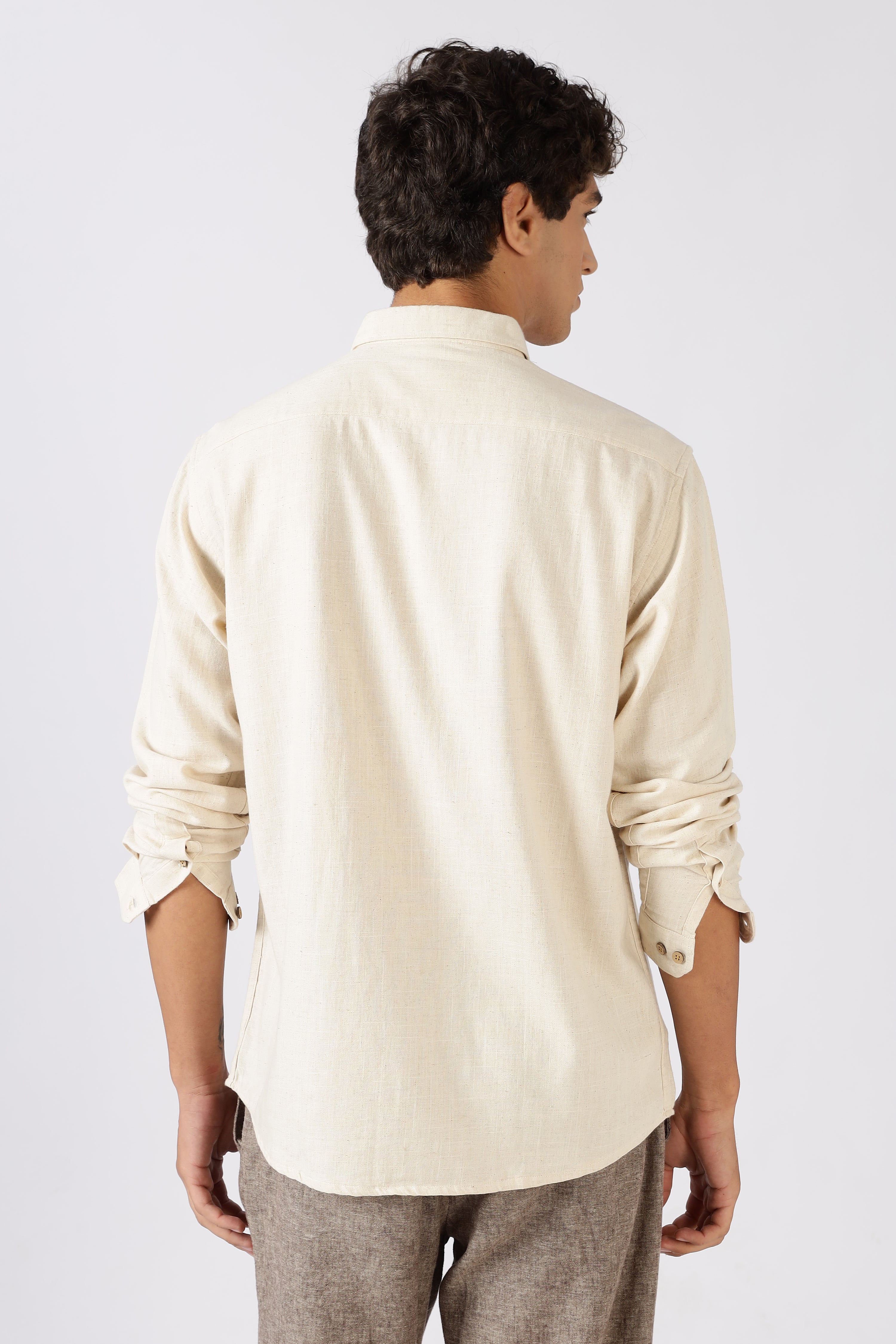 Morning Brew Cotton Regular Fit Beige Embroidered Shirt