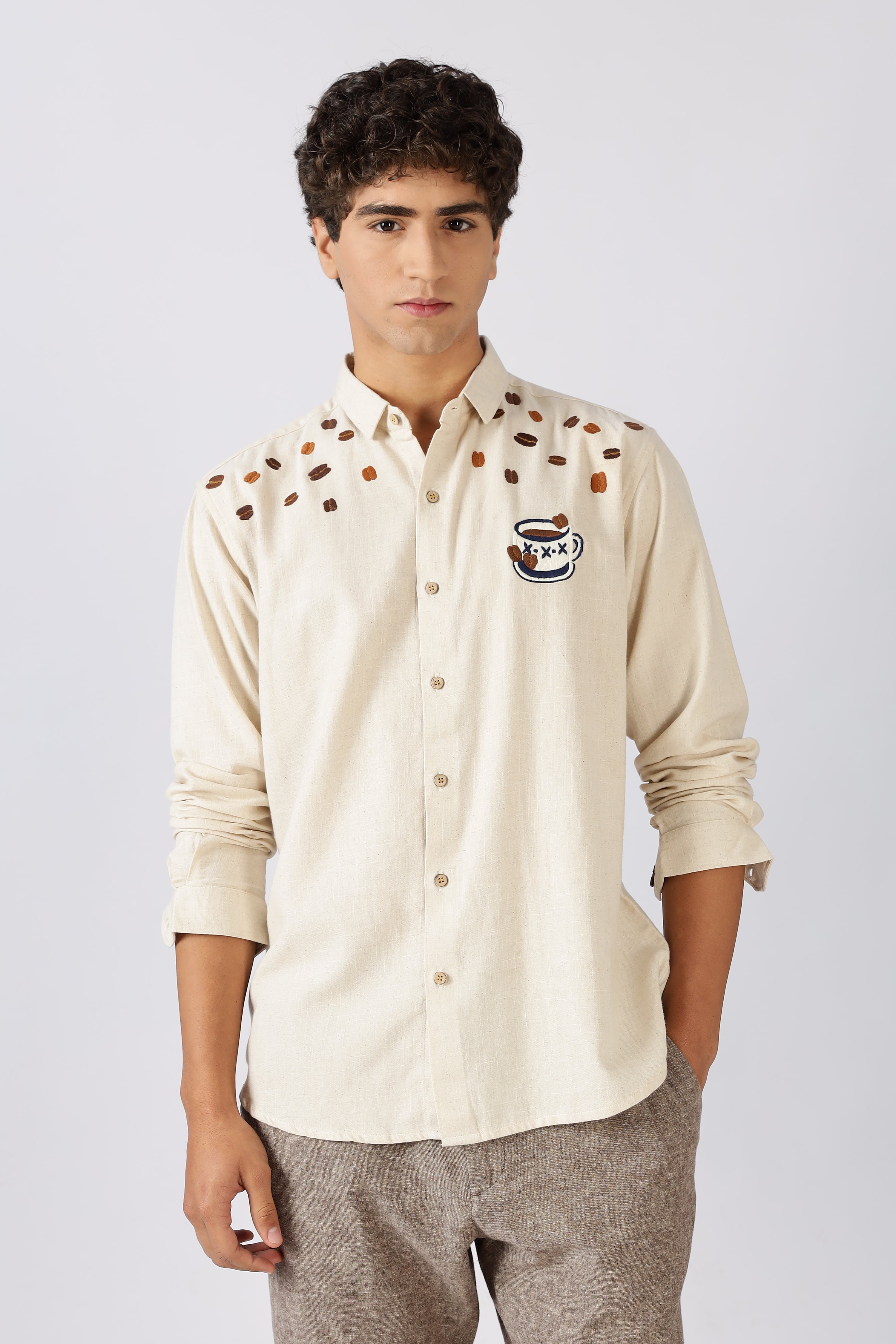 Morning Brew Cotton Regular Fit Beige Embroidered Shirt