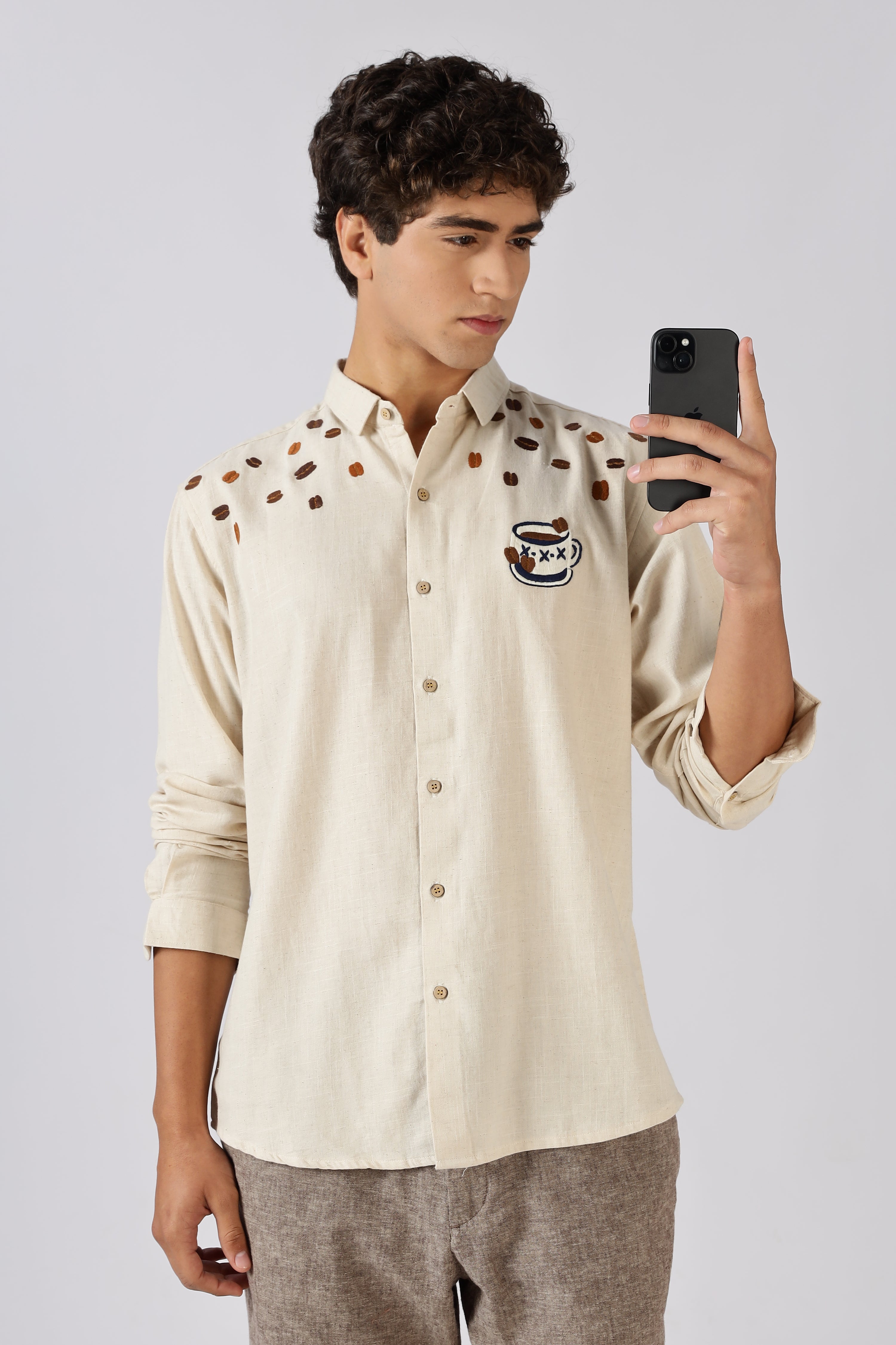 Morning Brew Cotton Regular Fit Beige Embroidered Shirt